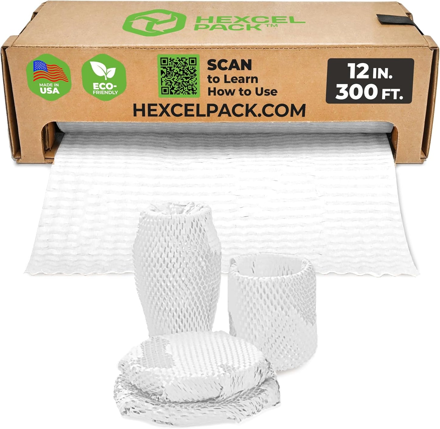 HexcelWrap Mini - Honeycomb Packing Paper, Eco-Friendly, Sustainable Paper Bubble Wrap for Shipping & Moving, Cushioned Packing Material in Dispenser - White, Pallet of 112, 12" x 300'