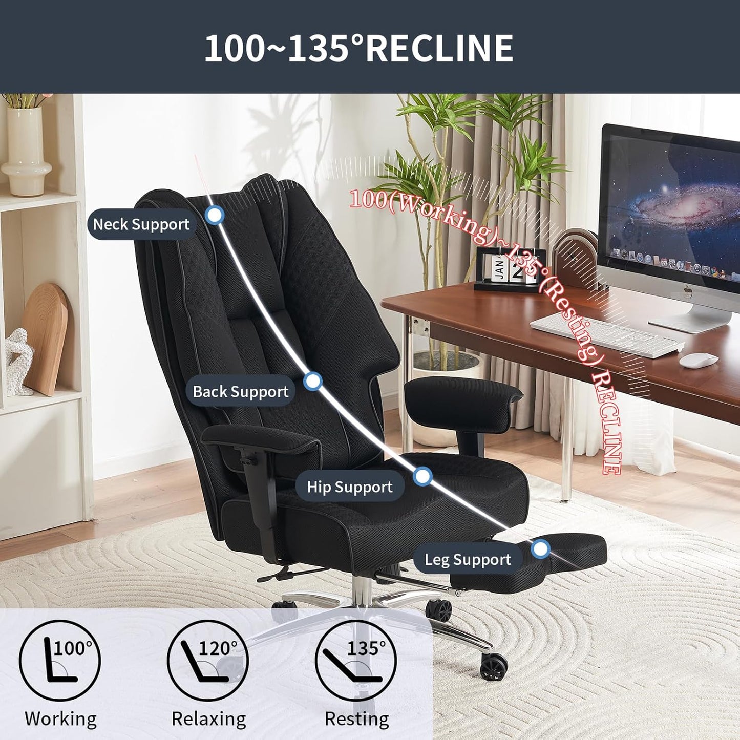 Big and Tall Office Chair 400lbs Wide Seat, Leather High Back Executive Office Chair with Foot Rest, Ergonomic Chairs Lumbar Support for Lower Back Pain Relief (Mesh Black)