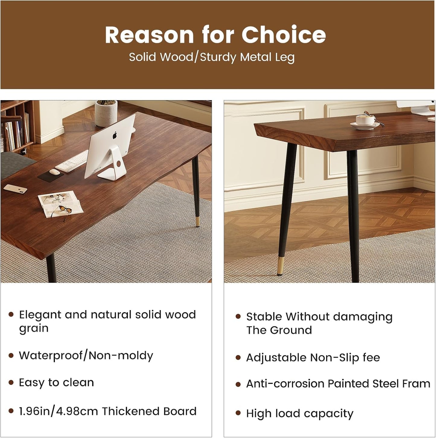 Solid Wood Desk 55 inches, Home Office Computer Desk Wooden Rustic Writing Desk Metal Modern Simple Design Executive Real Wood Desk(Walnut)