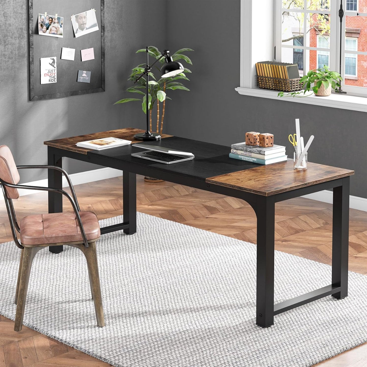 Tribesigns 63” Executive Desk, Large Office Computer Desk with Thicken Frame, Modern Simple Workstation Business Furniture for Home Office, Rustic Brown/Black, 63'' W x 23.6'' D