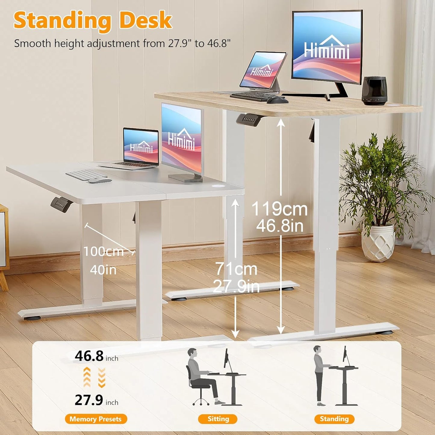 Himimi Electric Standing Desk 55 x 24 inch for Home Office,Sit-Stand Adjustable Desk with Memory Presets,Height Adjustable Desk for Gaming/Working,Free Hook, Lockable Wheels,Mouse Pad,Oak