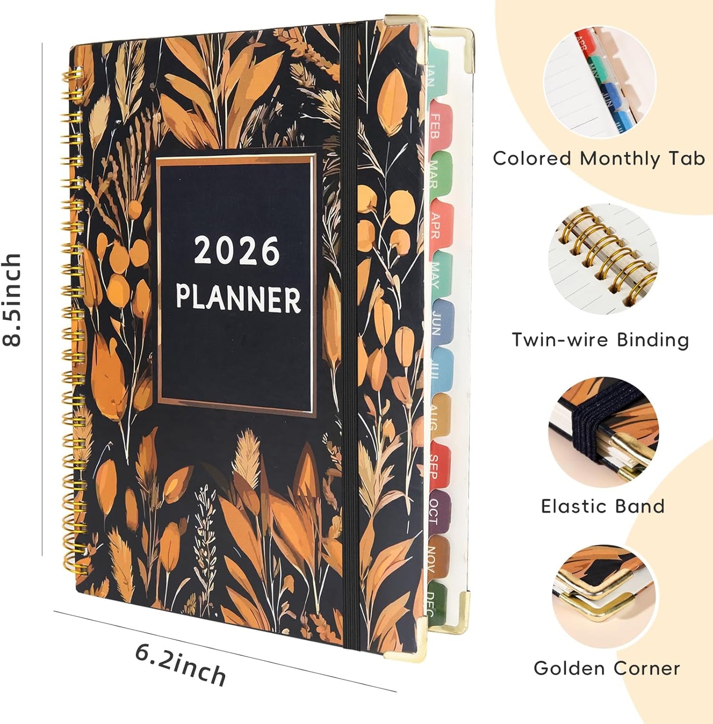 2026 Planner, A5 (6.3"x 8.5") Planner 2026 Jan-Dec, Monthly/Weekly/Daily Tabs with Contacts & Holidays, Hard Cover, Organizer for School and Business Supplies (Wheatear)
