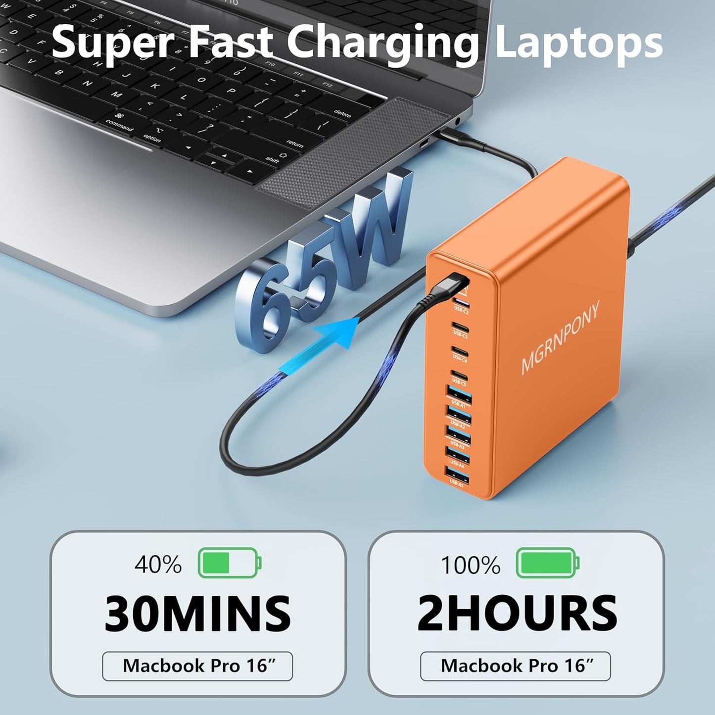 320W USB C Charger Block, 10-Port USB C Charging Station GaN III PD 65W Laptop Fast Charger Adapter for MacBook Pro/Air, DELL, iPad, iPhone, Samsung Galaxy (Orange)