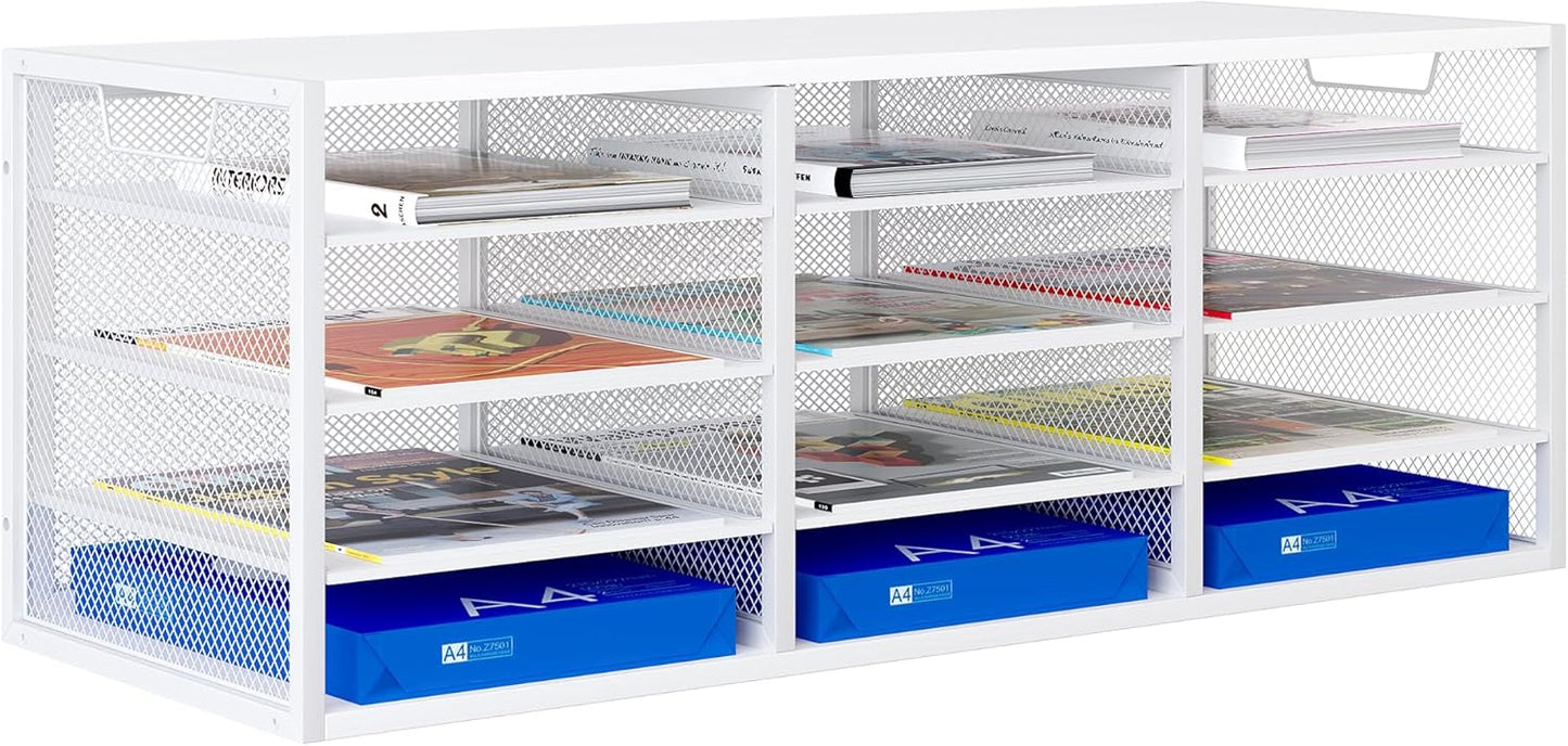 Mail Sorter Adjustable Countertop Mail Holder, Heavy Duty Literature Organizer, Student Mailbox for Classroom, Desktop Bill Paper Organizer for Office Home School, 12 Compartments, White