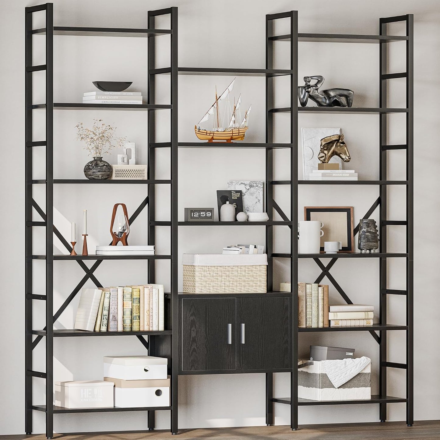 70x78 “ Triple 6 Tier Book Shelf, Industrial Large Bookcase with Storage Cabinet, Tall Bookshelf with 16 Open Display Shelves Metal Frame Furniture for Living Room Bedroom Home Office Black