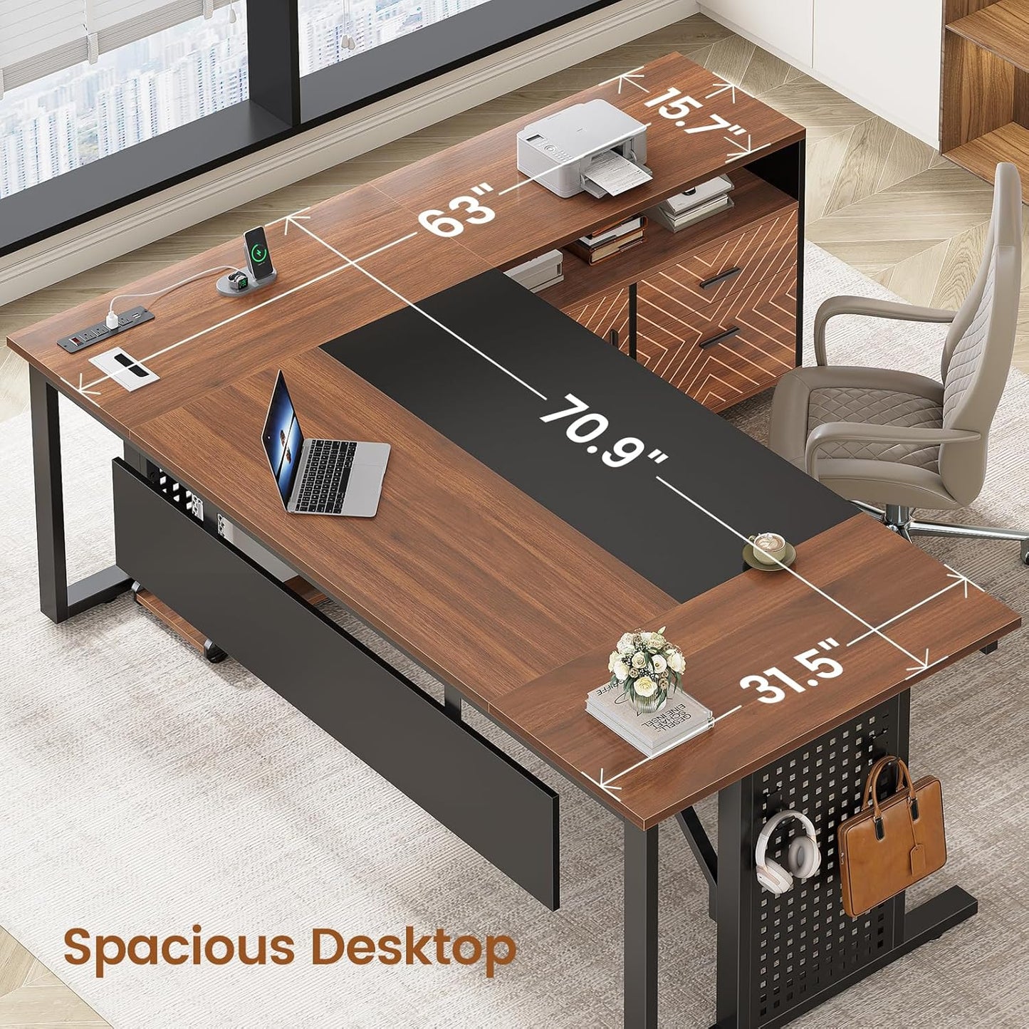 SEDETA 71" Executive Desk with Rolling File Cabinet, Large Office Desk with Drawers, L Shaped Computer Desk with Power Outlets, CPU Stand, Pegboard and Storage Shelves, Brown