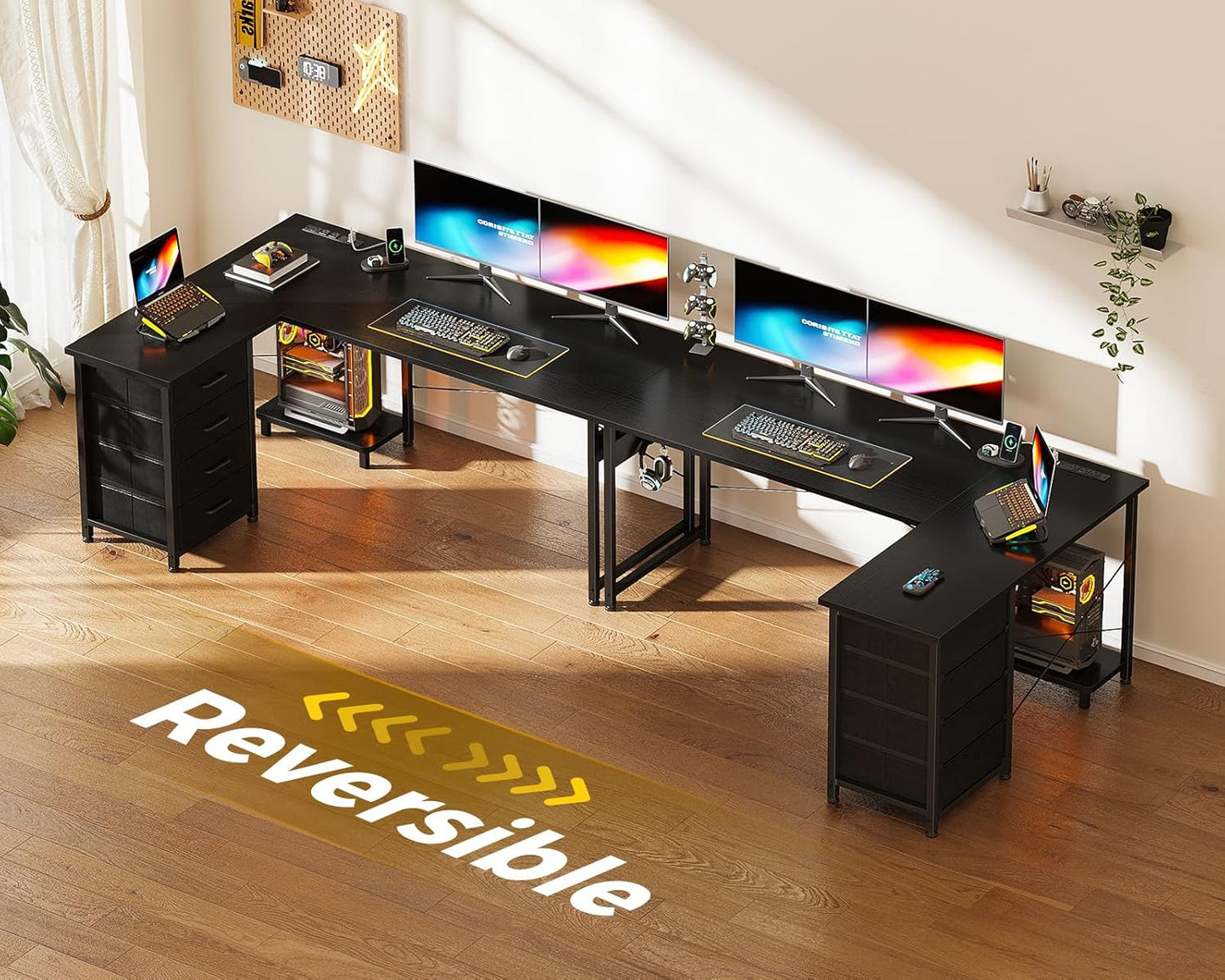 Casaottima L Shaped Desk with 4 Tier Drawers, 53" Gaming Desk with Power Outlets & USB, Reversible L-Shaped Computer Desk with CPU Stand, Home Office Corner Desk with Storage, Easy Assemble, Black