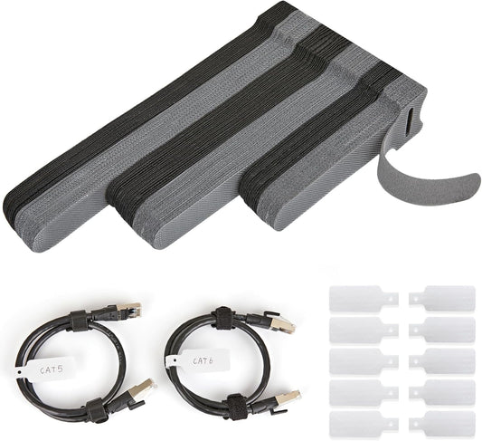70 PCS Reusable Cable Ties with Hook and Loop, Multi-purpose Adjustable Cable Management Wire Ties & 10 PCS Cable Labels, Cord Organizer for Home, Office and Data Centers (4/6/8 Inch, Black+Grey)
