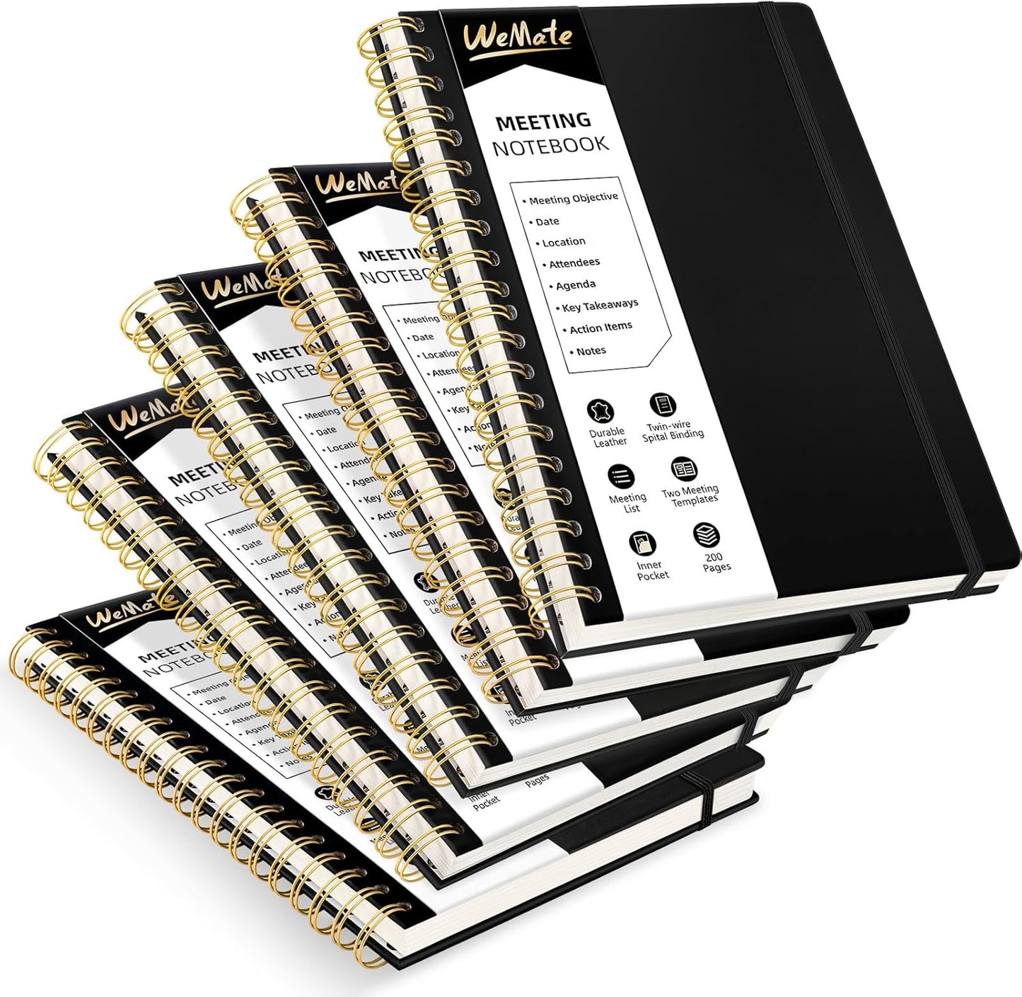 WEMATE 5 Pack Meeting Notebooks for Work（7"x10"） 200 Pages, PU Leather Notebook with Action Items & Note, For Staff & Students, Meeting, Projects Planning - All Black Set