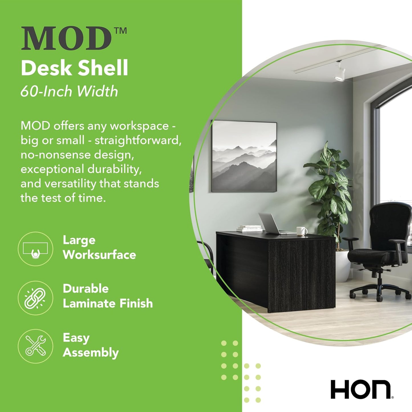 HON MOD Executive Desk 60-Inch Large Computer Desk Shell, Thick Wooden Laminate, Modern Table with Cord Management, 60" W x 30" D x 29" H, Java Oak