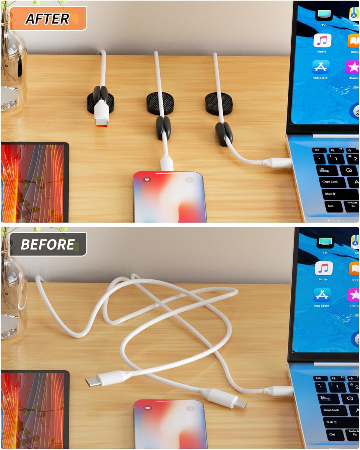 6 Pack Puretor Cord Organizer Holders - Strong Adhesive & Magnetic Desk Cable Management, Effortlessly Organize Phone Charging Cords for Home, Office, Car, Desk & Nightstand