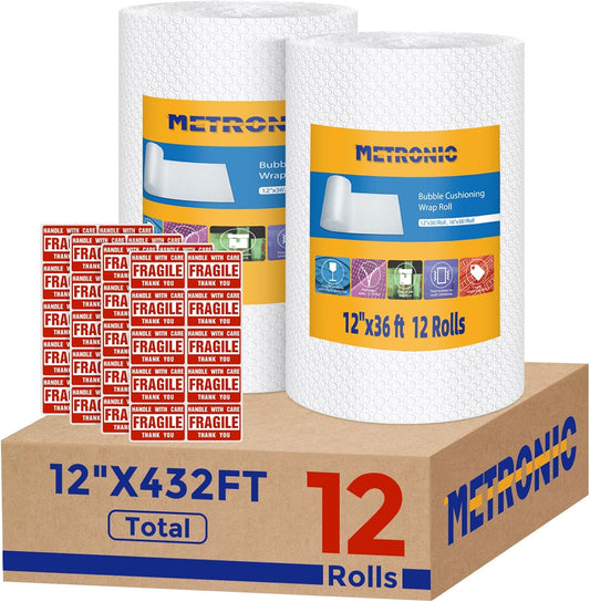 Metronic Bubble Cushioning Wrap 12 Pack 12 Inch x 432ft Total, Dense Bubble Packing Air Wrap Clear Bubble Packing Roll for Shipping and Moving Supplies, Perforated Every 12"