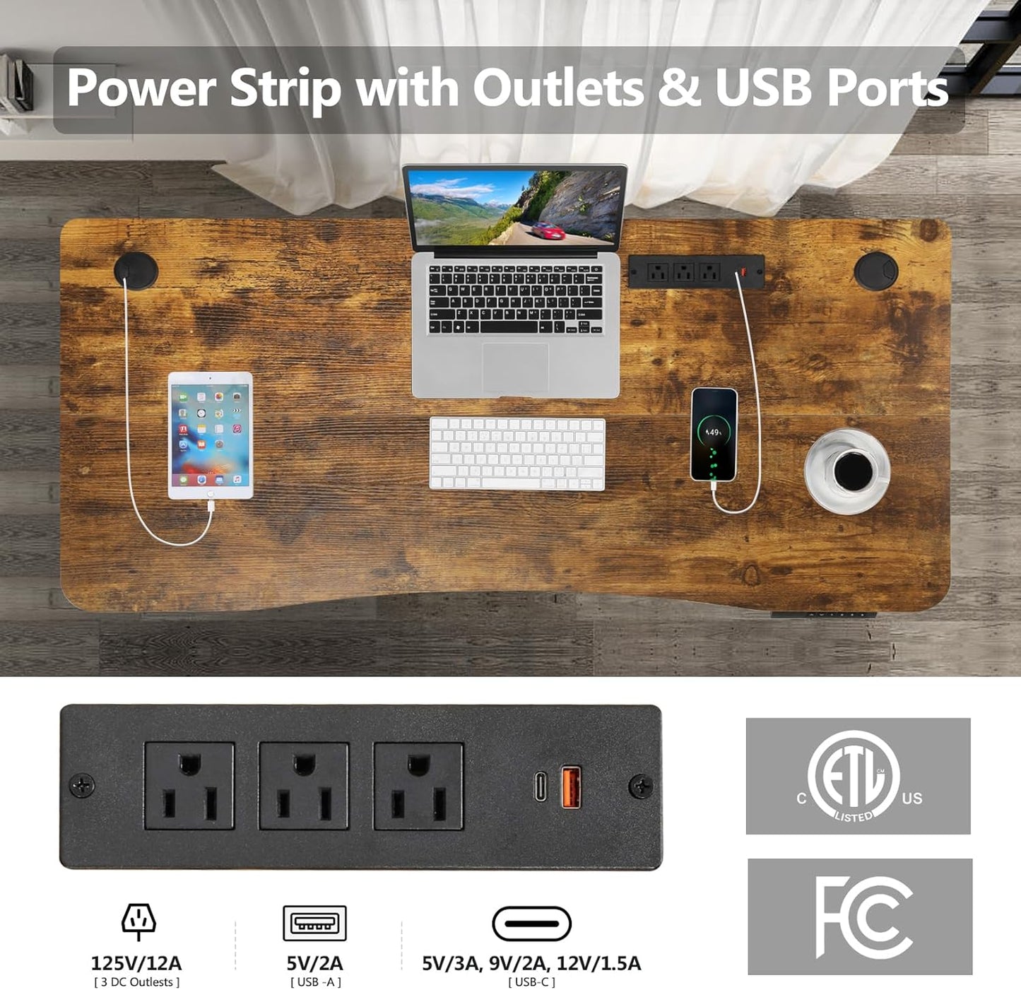 Electric Standing Desk 48 x 24 Inches Adjustable Height Ergonomic Sit Stand Up Curved Desk for Home Office Computer Workstation with 2 USB Ports 3 Power Outlets Memory Preset Wheels, Brown