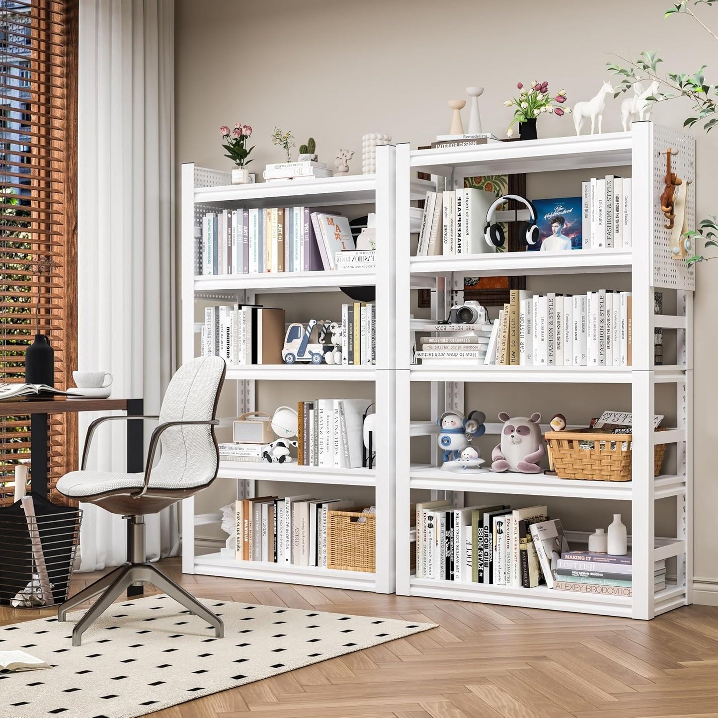 Bookshelves and Bookcases, 5 Tier Metal Bookshelf, 63" Tall Bookcase, Adjustable White Book Shelf, Heavy Duty Storage Shelves for Bedroom, Living Room, Home Office, School, Bathroom and Kitchen