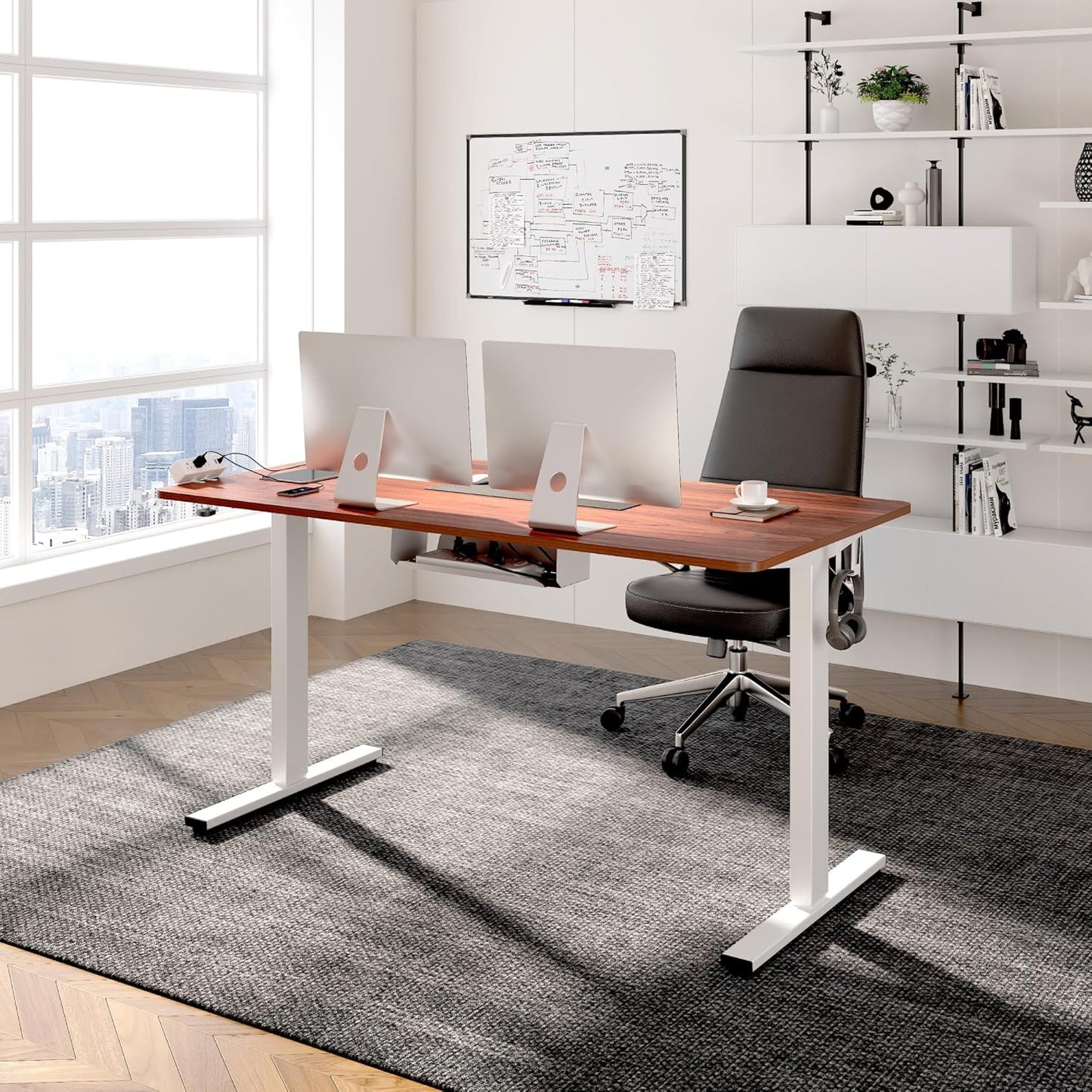 FLEXISPOT EN2 Whole-Piece Standing Desk with Clamp Power Strip, 48 x 24 Electric Stand Up Height Adjustable Desk with Cable Management (White Frame + 48" Mahogany Desktop, 2 Packages)