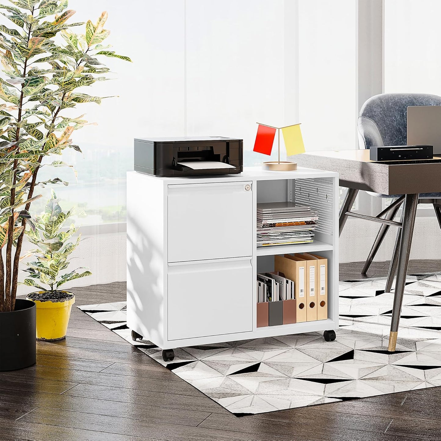 SISESOL 2 Drawer File Cabinet with Lock and Shelf,Mobile Lateral Filing Cabinet,Metal File Organizer Cabinet with Open Storage Shelves for Home Office Fit Legal/Letter A4 Size