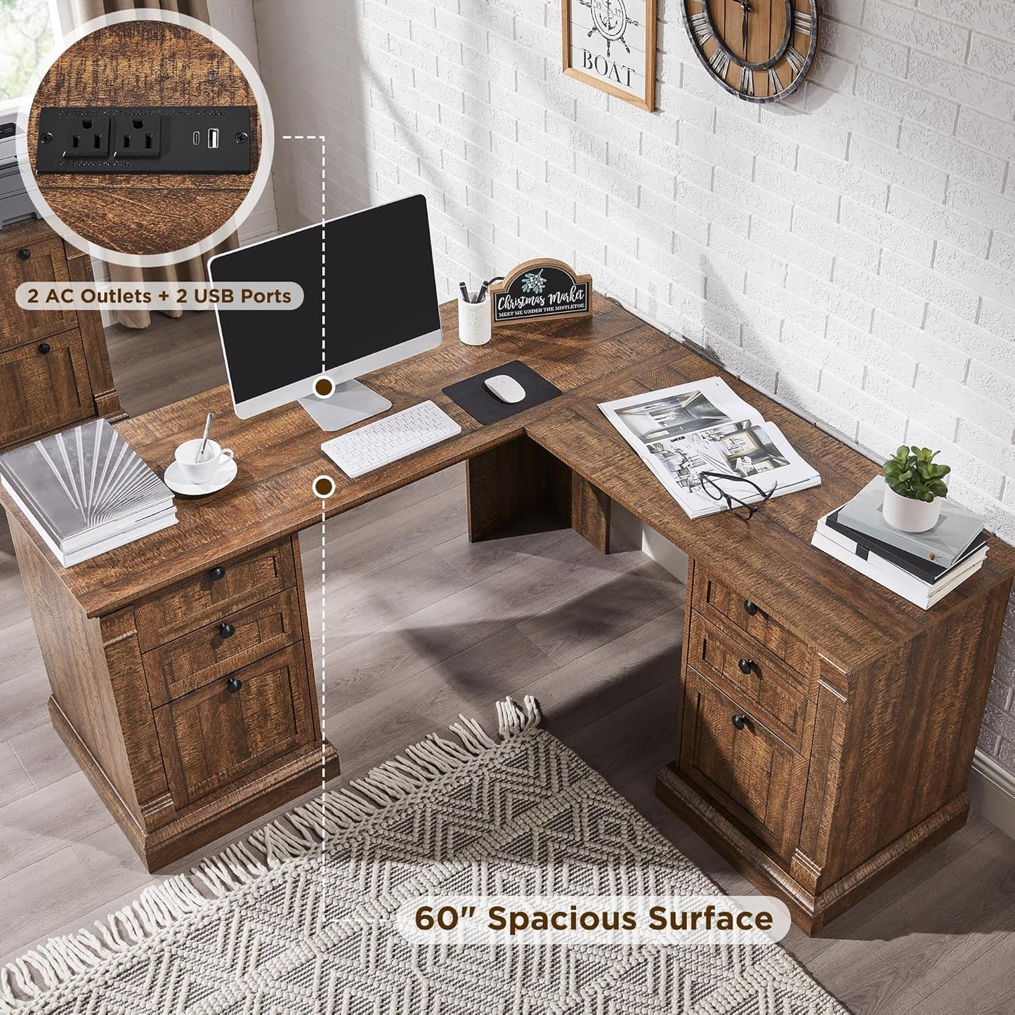 OKD 60" L Shaped Executive Desk with Drawers, Farmhouse Home Office Desk with Charging Station, File Cabinet Storage, Wood Corner Computer Desk for Work and Study, Reclaimed Barnwood