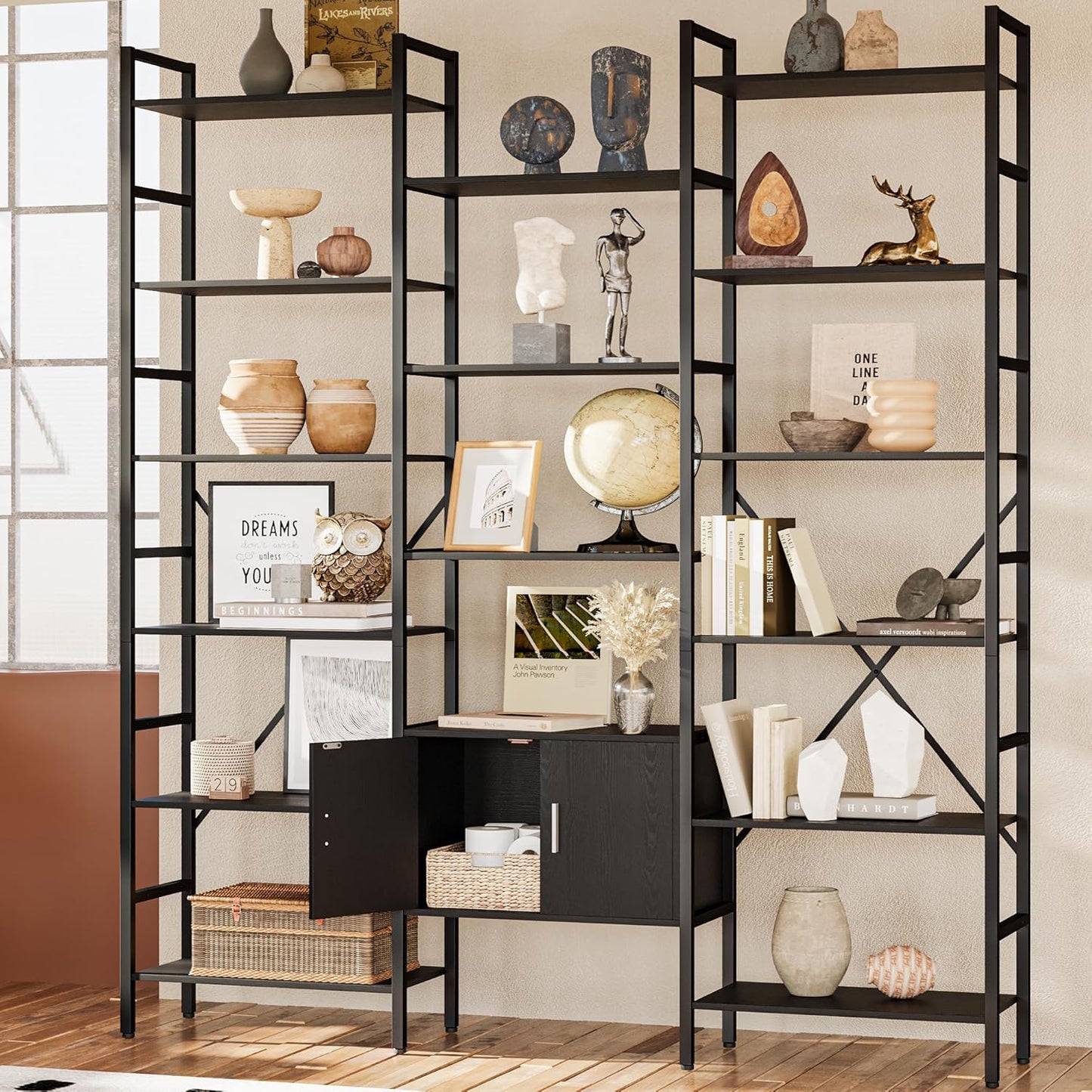 70x78 “ Triple 6 Tier Book Shelf, Industrial Large Bookcase with Storage Cabinet, Tall Bookshelf with 16 Open Display Shelves Metal Frame Furniture for Living Room Bedroom Home Office Black