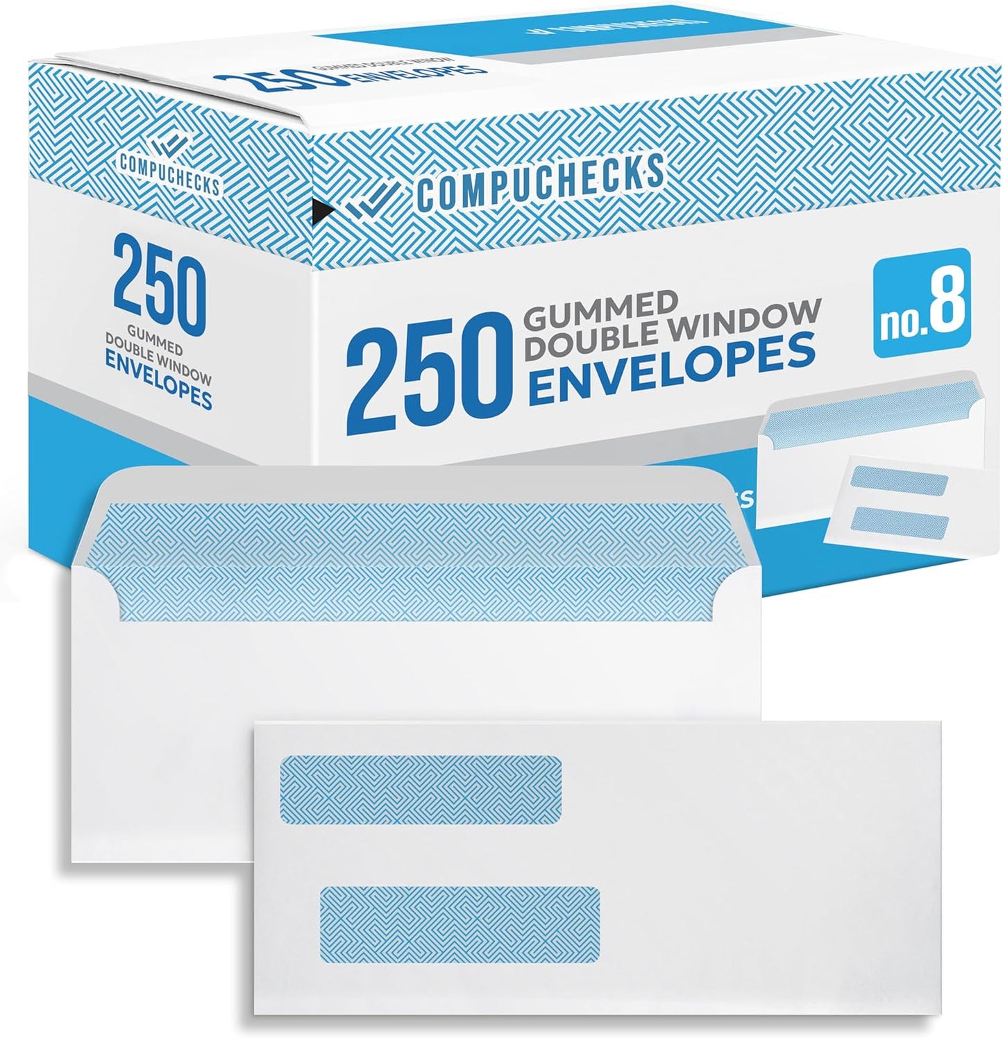 Compuchecks Double Window Envelopes #8 - Gummed, Security Business Mailing Check Envelopes - Tamper Evident, Security Tint - 250 Count – Guaranteed to fit QuickBooks Checks