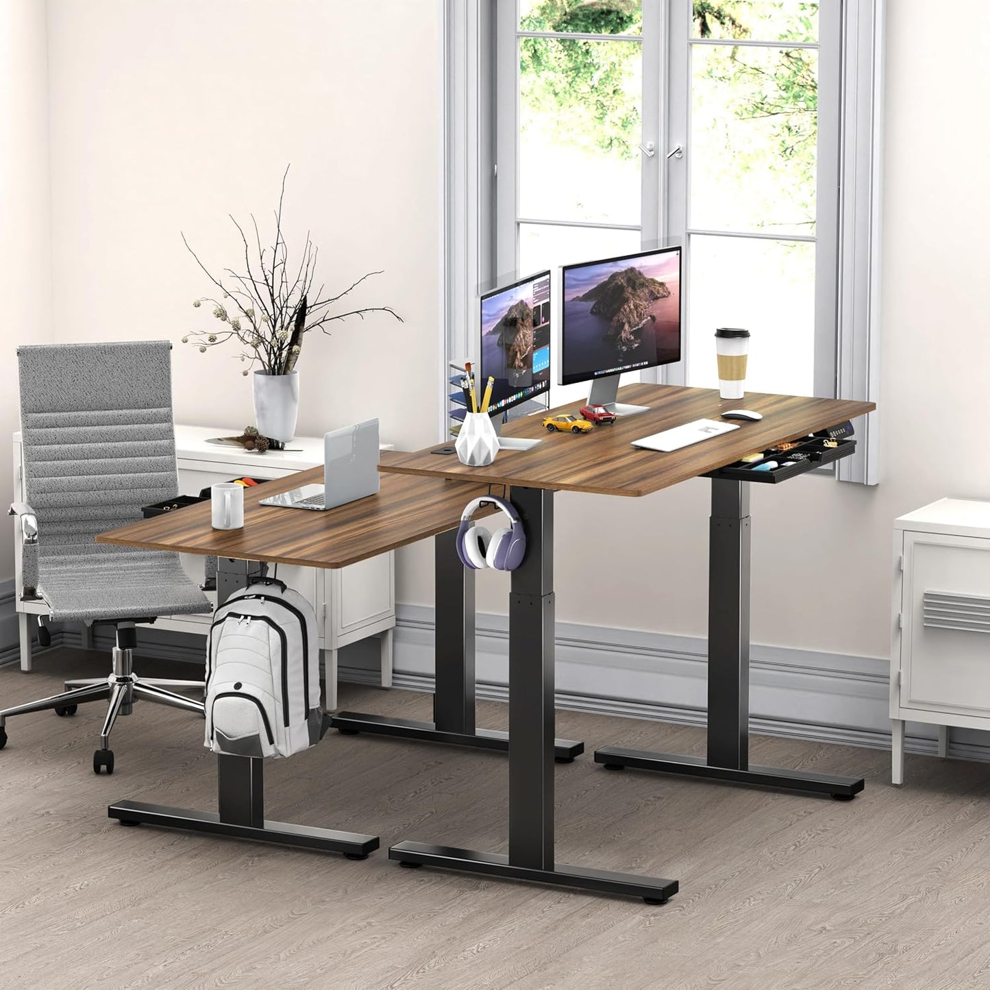 SHW 48-Inch Electric Height Adjustable Standing Desk with Drawer, Memory Preset and Cable Management Tray, Walnut