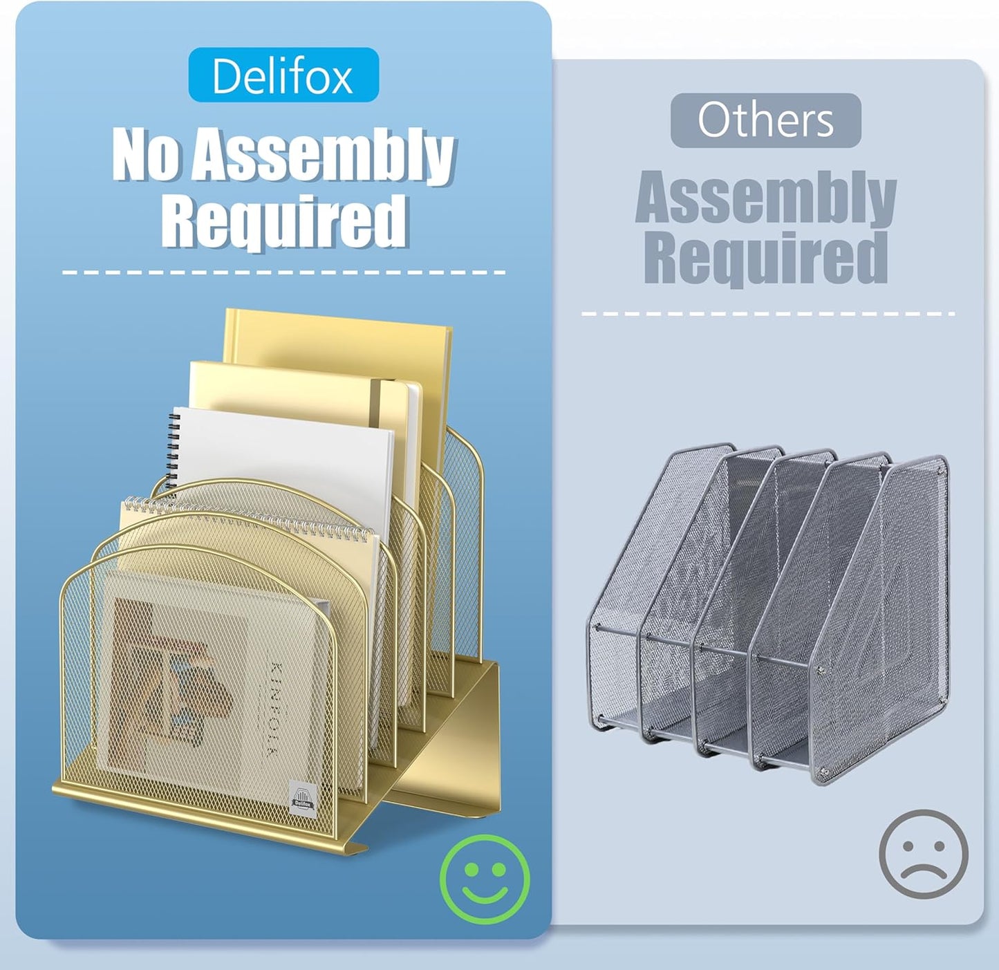 Inclined Desk File Organizer, 5-Section Vertical File Folder Holder Stand Metal Rack File Sorter for Office Classroom Desktop Organization (Gold, 2Pack)