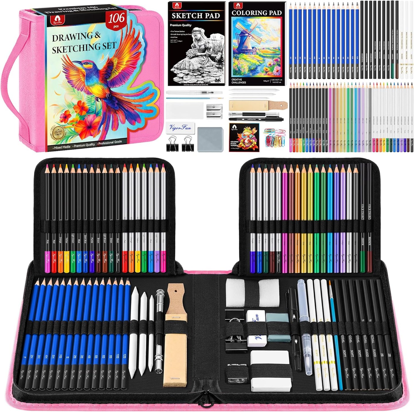 106 PCS Art Supplies Sketching Kit, Pro Drawing Pencils with 3-Color Sketchbook, Coloring Book, Colored Graphite Charcoal Watercolor & Metallic Pencils, Drawing Supplies Gifts for Artists Adults Kids