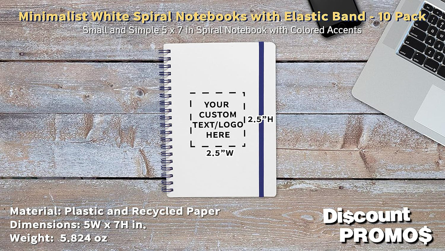 10 White Spiral Notebooks with Elastic Band Pack - Customizable Text, Logo - 80 lined pages, Recycled - Blue