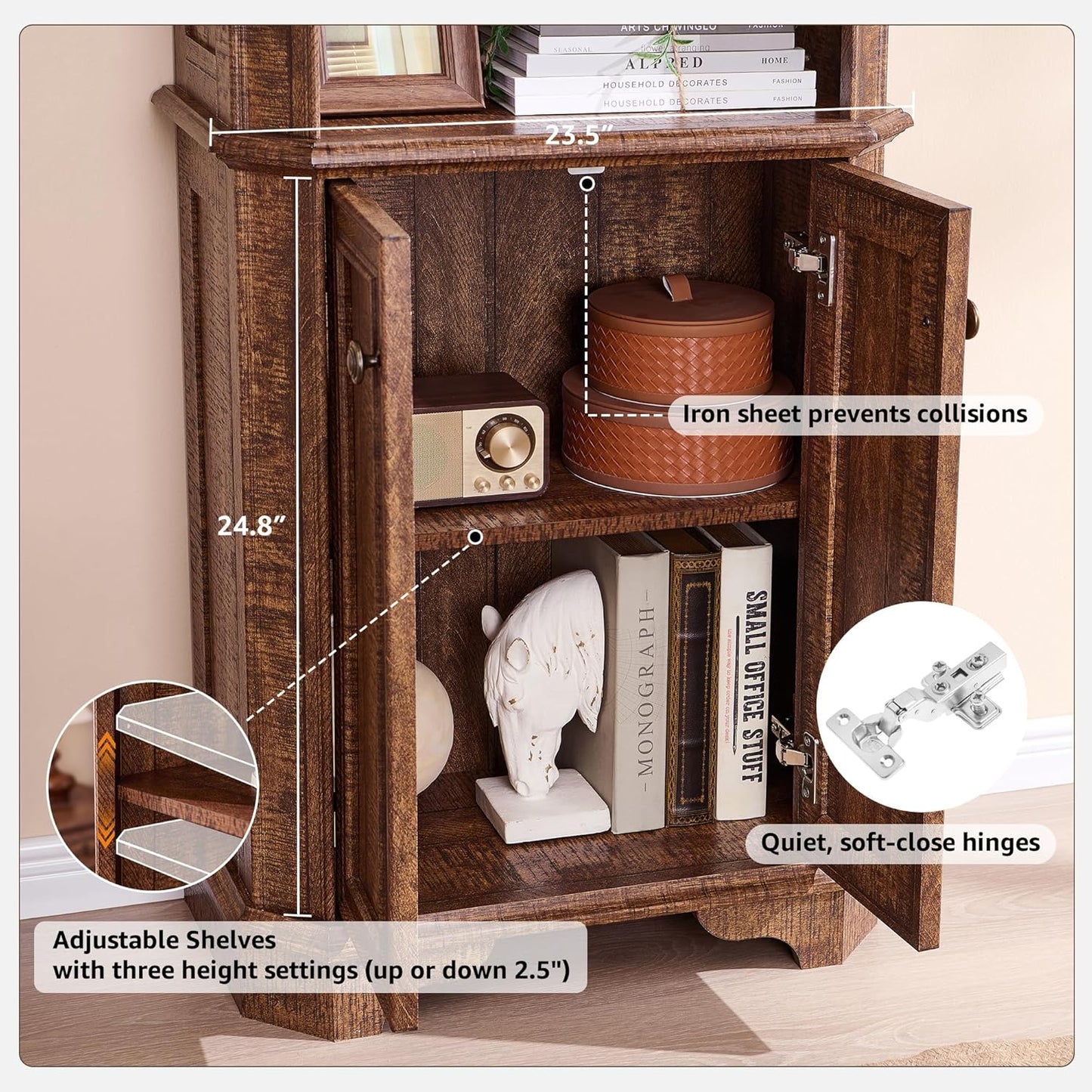 T4TREAM 6-Tier Bookshelf with Storage, 72" Tall Farmhouse Bookcase with Doors and Adjustable Shelves, Wooden Floor Standing Display Book Shelf Organizer for Home Office, Reclaimed Barnwood