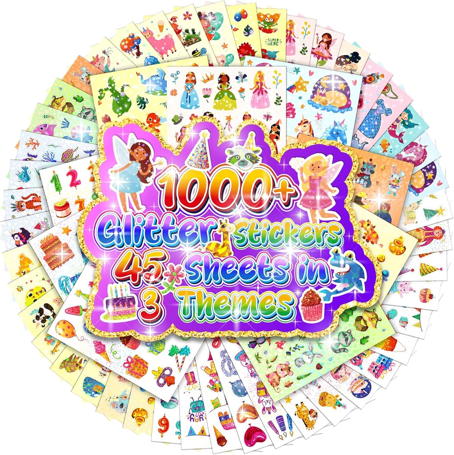 1000+ Holographic Stickers for Kids - 45 Different Sheets of 3 Themes Craft, Animal, Fairy Tale and Birthday Party, Kids Stickers for School Class Gift Wrap Decoration, Gift for Toddlers Boys and Girl