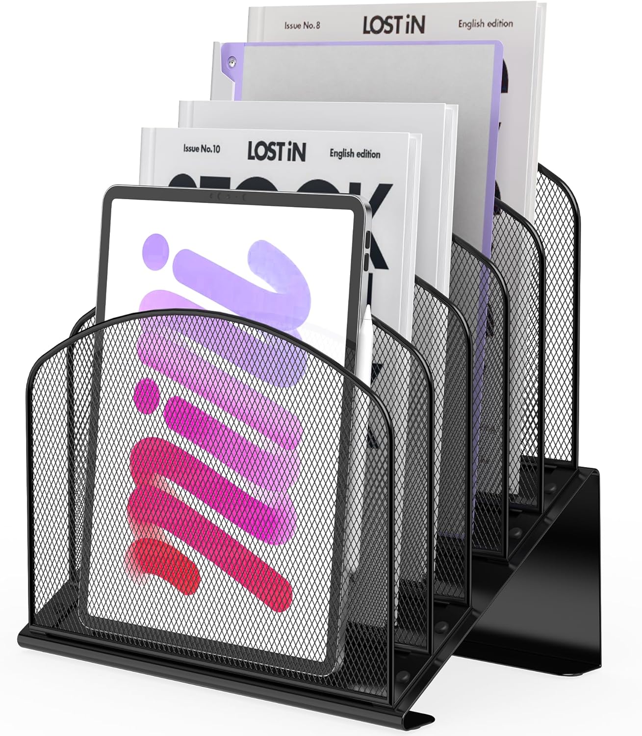 Inclined Desk File Organizer Metal Desk Magazine Folder Holder with 5-Section Vertical Compartments Rack File Organizer for Office, Home, School, Black