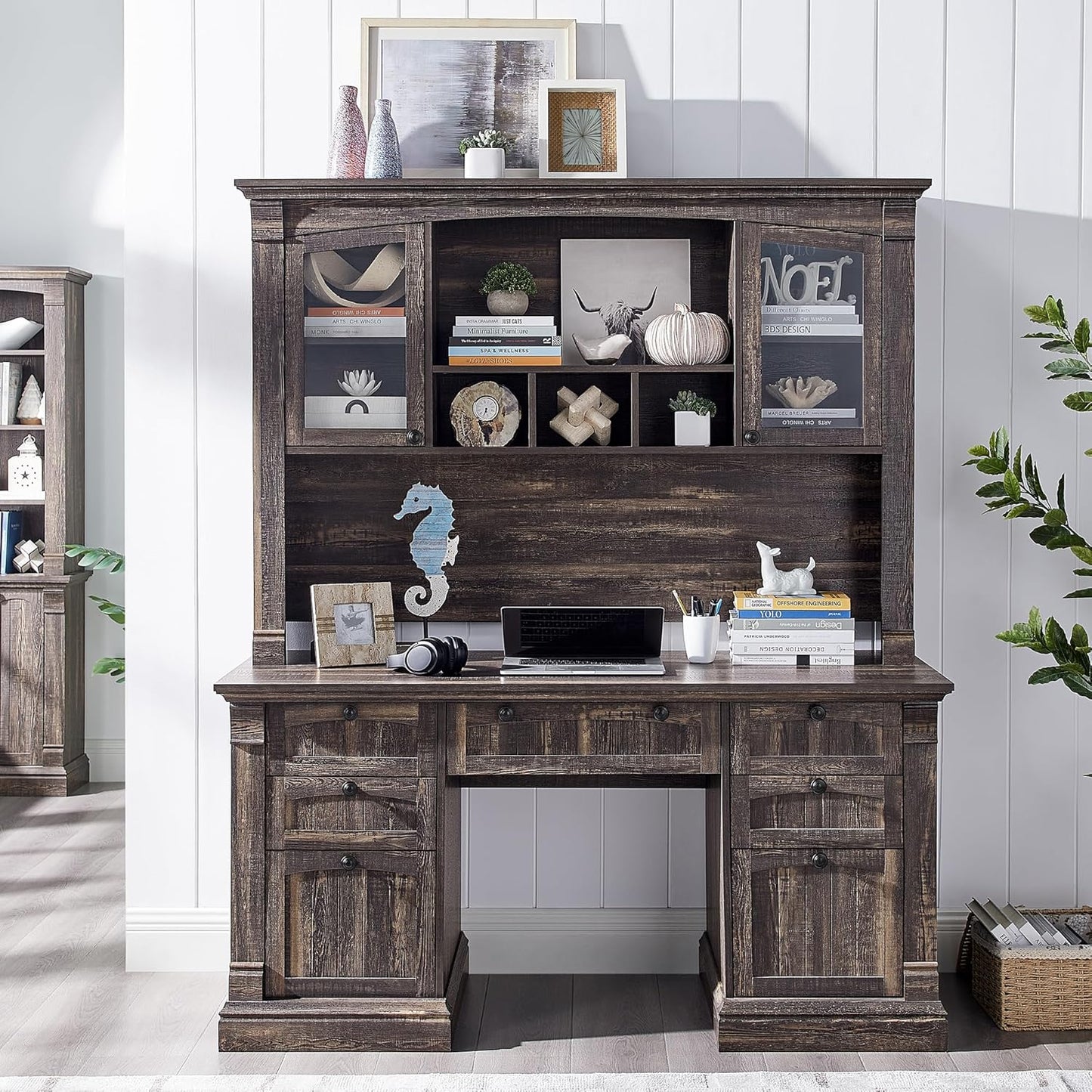 OKD 60" Executive Desk with Hutch and Drawers, Farmhouse Home Office Desk with Charging Station, Keyboard Tray, File Cabinet Storage, Wood Computer Desk for Work and Study, Dark Rustic Oak