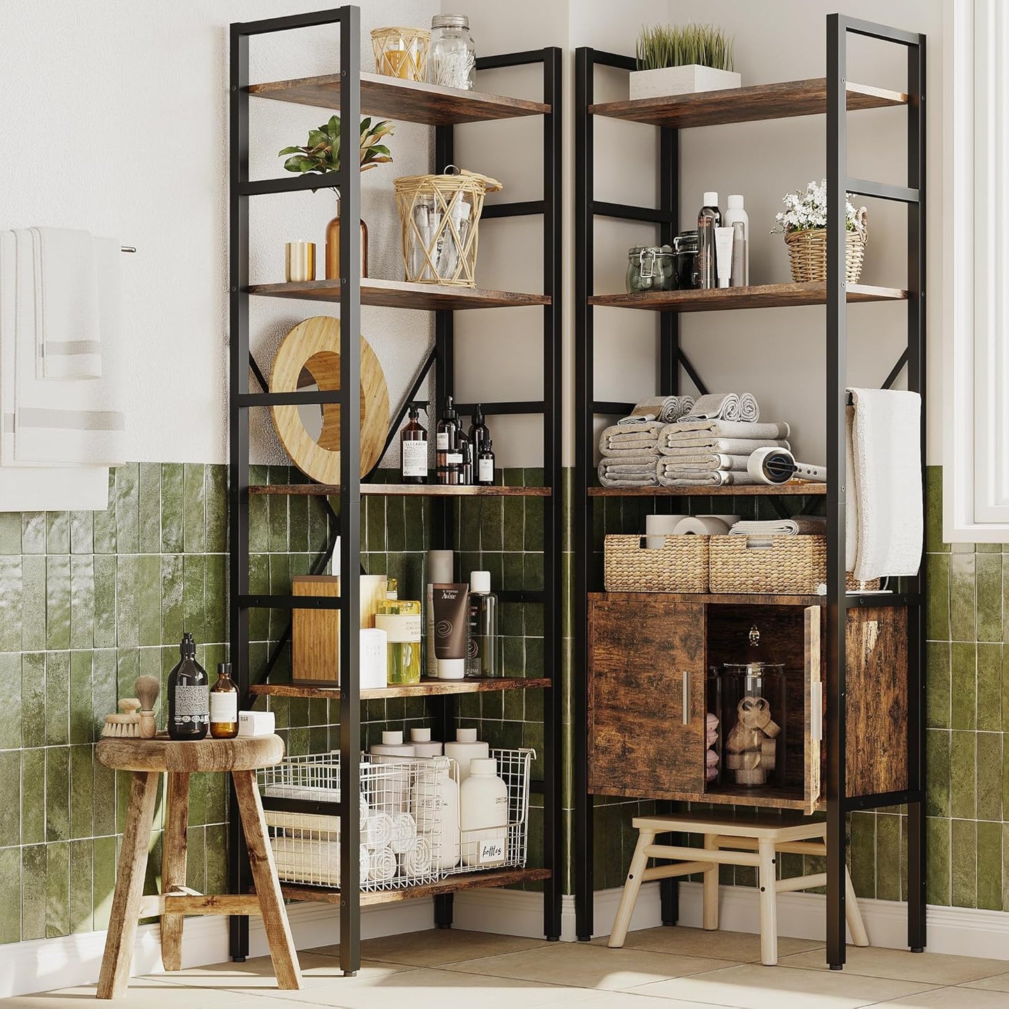 70 x70" Triple 5 Tier Book Shelf, Industrial Large Bookcase with Storage Cabinet, Tall Bookshelf with 14 Open Display Shelves Metal Frame Furniture for Living Room Bedroom Home Office Rustic Brown