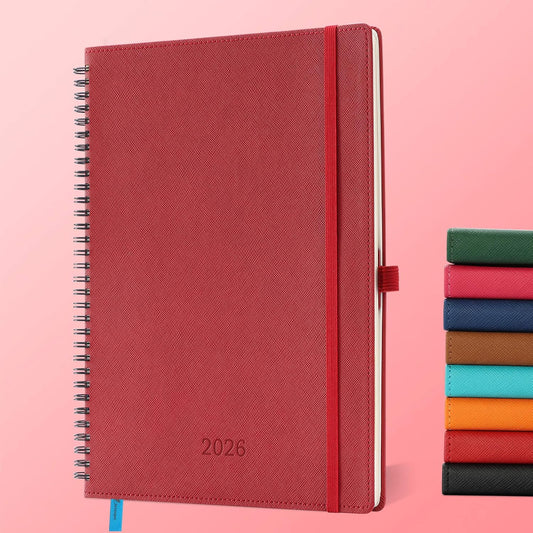 Planner 2026 Daily Weekly and Monthly,11.5"x8.5",12 Months Spiral Bound Calendar Agenda with Self-adhesive Pen Holder,2026 Appointment Book with Vegan Leather Soft Cover,Red