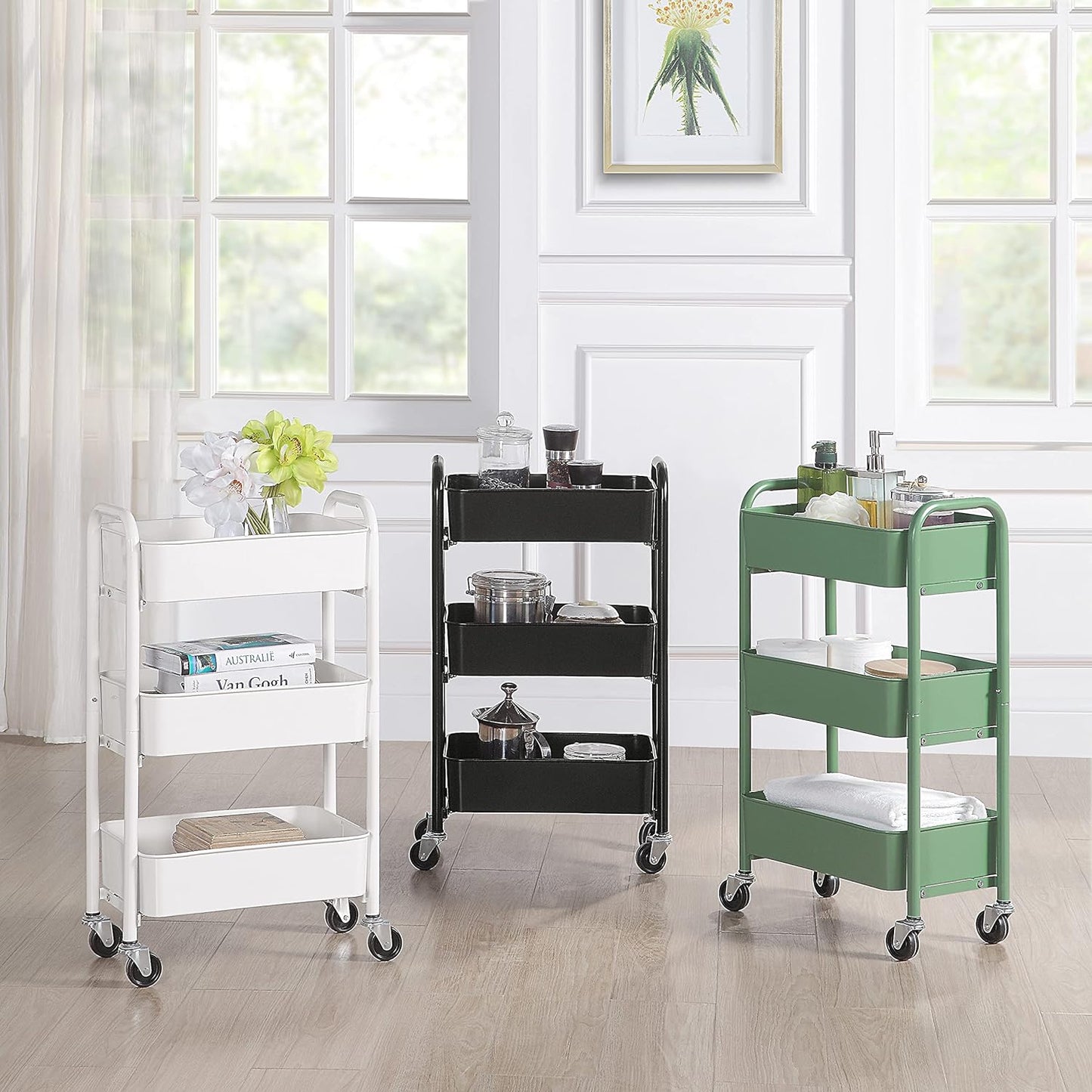 SunnyPoint 3-Tier Delicate Compact Rolling Metal Storage Organizer - Mobile Utility Cart Kitchen/Under Desk Cart with Caster Wheels - Turq (15.35" X 10.24" X 26.8"H)