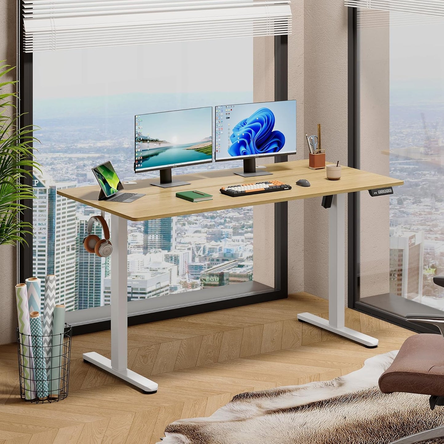 DEVAISE 55 Inch Electric Standing Desk, 3 Adjustable Height Stand up Desk for Home Office, Ergonomic Sit to Stand Desk with LED Touchscreen, Headphone Hook, 3 Memory Preset Computer Desk (Maple)