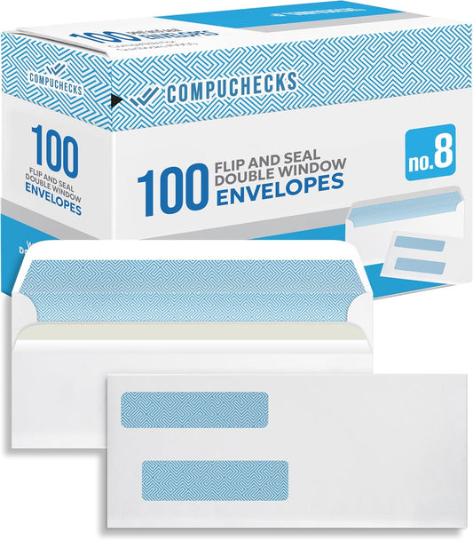 Compuchecks Double Window Envelopes #8- Flip and Seal Flap, Security Business Mailing Check Envelopes - Tamper Evident, Security Tint - 100 Count – Guaranteed to fit QuickBooks Checks