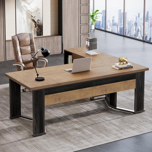 Tribesigns 70.86" Executive Desk with Mobile File Cabinet, Large L Shaped Computer Office Desk with 2 Drawers and Storage Shelves, Business Furniture Desk Workstation for Home Office (Light Brown)