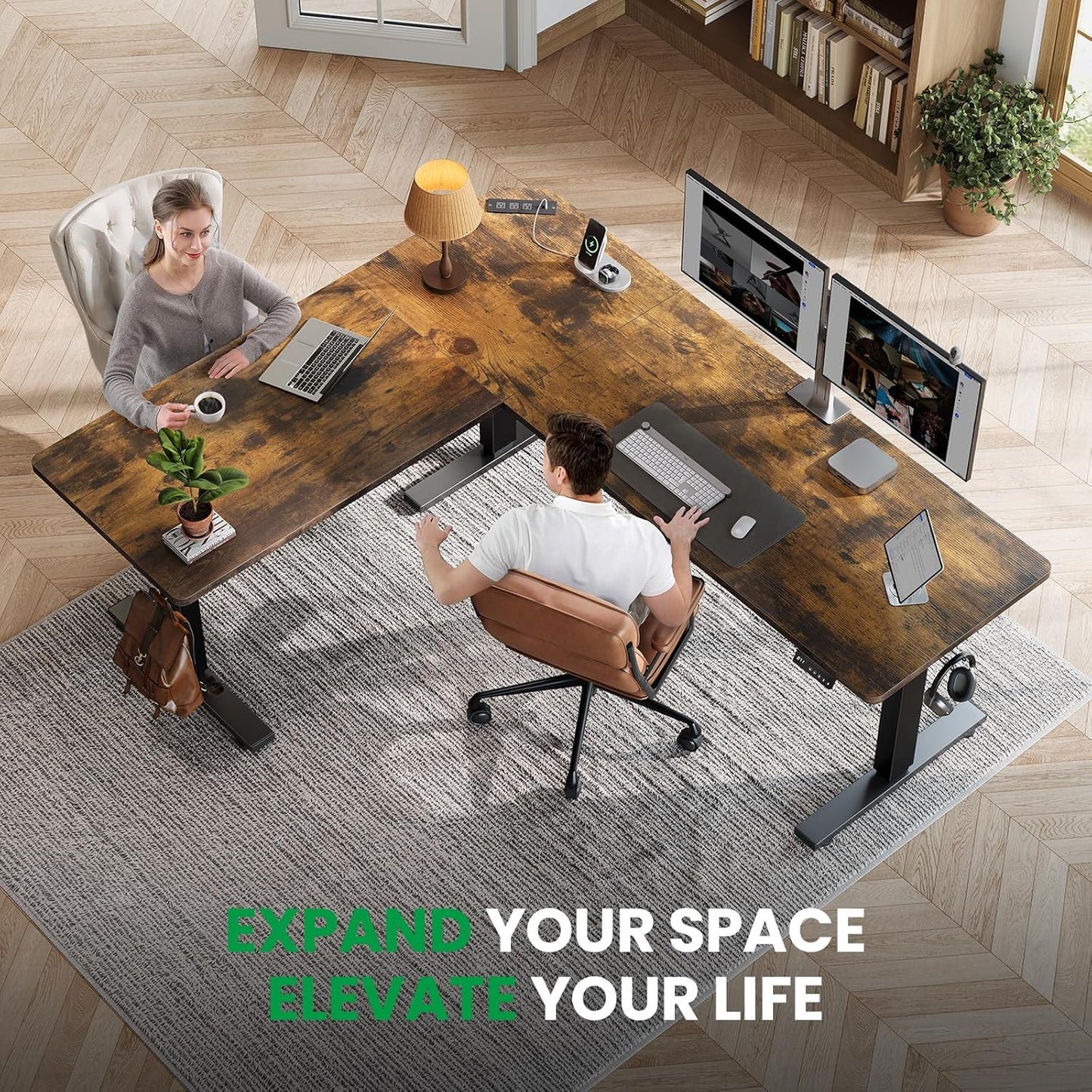 SIAGO L-Shaped Standing Desk - 63 x 55 Inch Adjustable Corner Standing Desk with Charging Station - L Shape Sit Stand Table with Memory Controller, Splice Board for Home Office