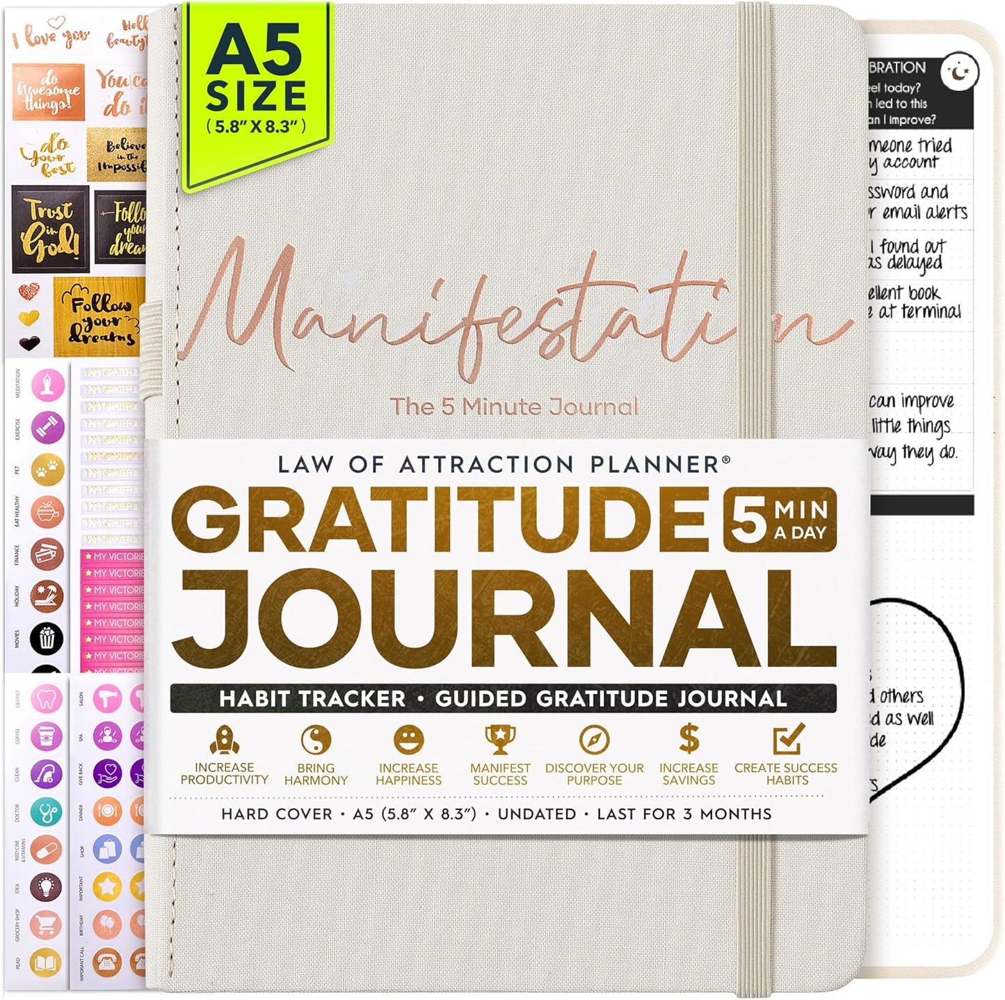 Gratitude Journal for Women & Men - 5 Minute Self Care Journal | 90-Day Undated Daily Planner for Positivity, Affirmations & Manifestation | Guided Mindfulness, Reflection | Vision Board + Stickers