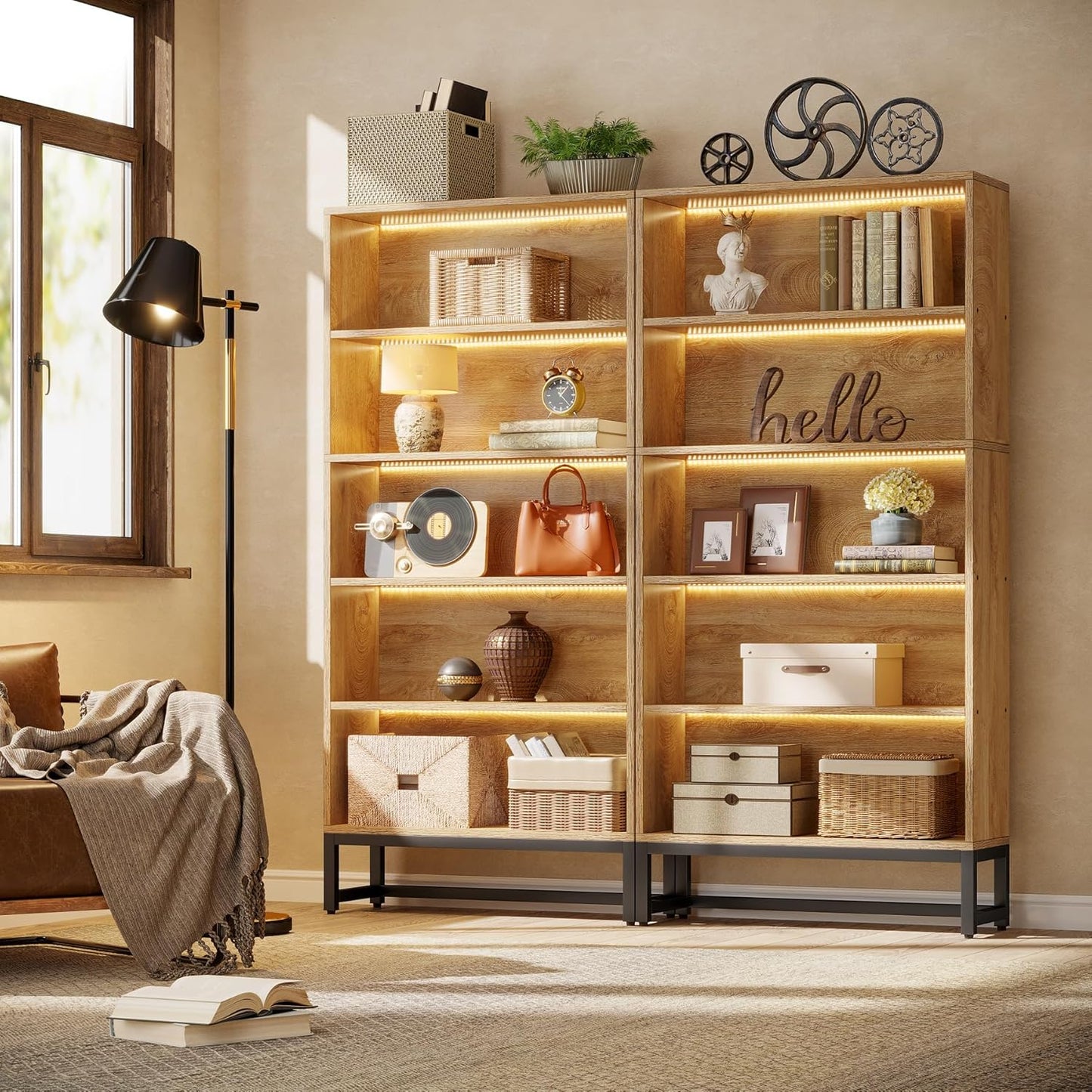 Tribesigns Tall Bookcase and Bookshelf, 70.8" Large Bookcases Organizer with LED Lights, Heavy Duty Free-Standing Library Bookshelf with 5-Tier Storage Shelves for Living Room, Bedroom (Brown)