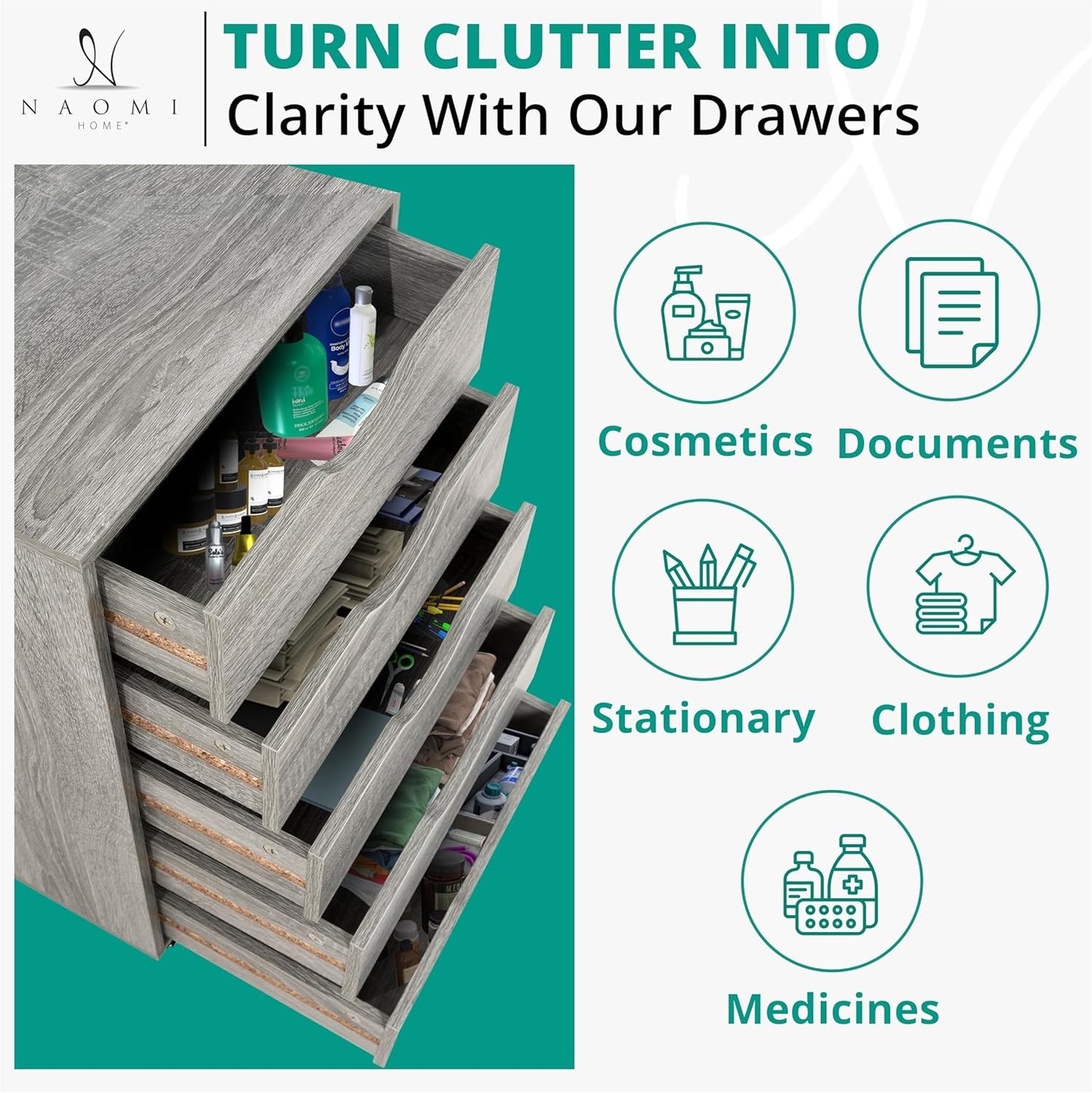 Naomi Home 5 Drawer Office Storage File Cabinet, Under Desk Cabinets for Organization Filing Cabinet with Wheels, Printer Stand Storage, 180 lbs Capacity - Gray Oak 11394AM