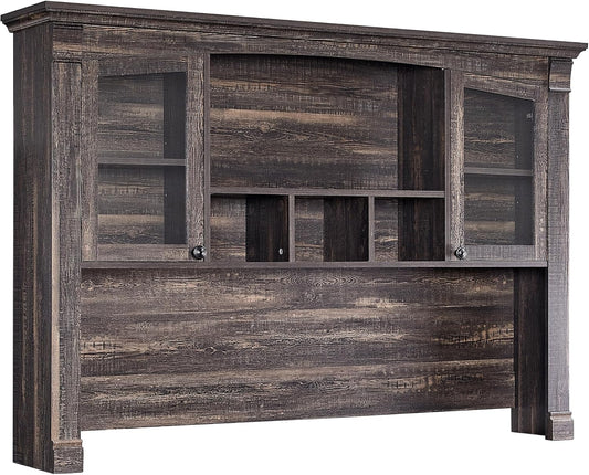 OKD Farmhouse Hutch for 60" Executive Desk, Office Desk Storage Cabinet with Glass Doors and Shelves, Top Hutch Organizer for Home Office - Dark Rustic Oak