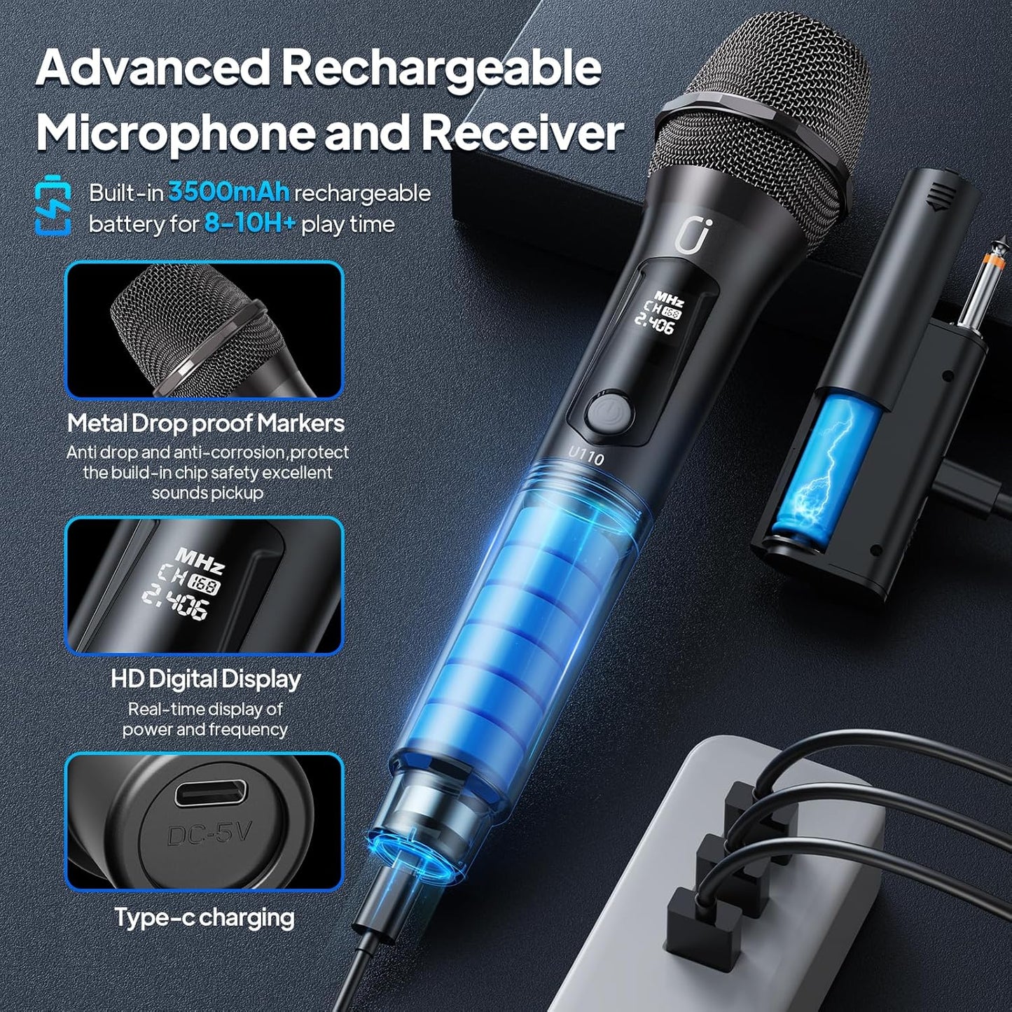 Wireless Microphones for Singing, Dual Rechargeable Karaoke Microphone with Receiver for Church/Party/Meeting/Speech/Stage Performance, Compatible with PA System/Karaoke Machine/Partybox/Mixer