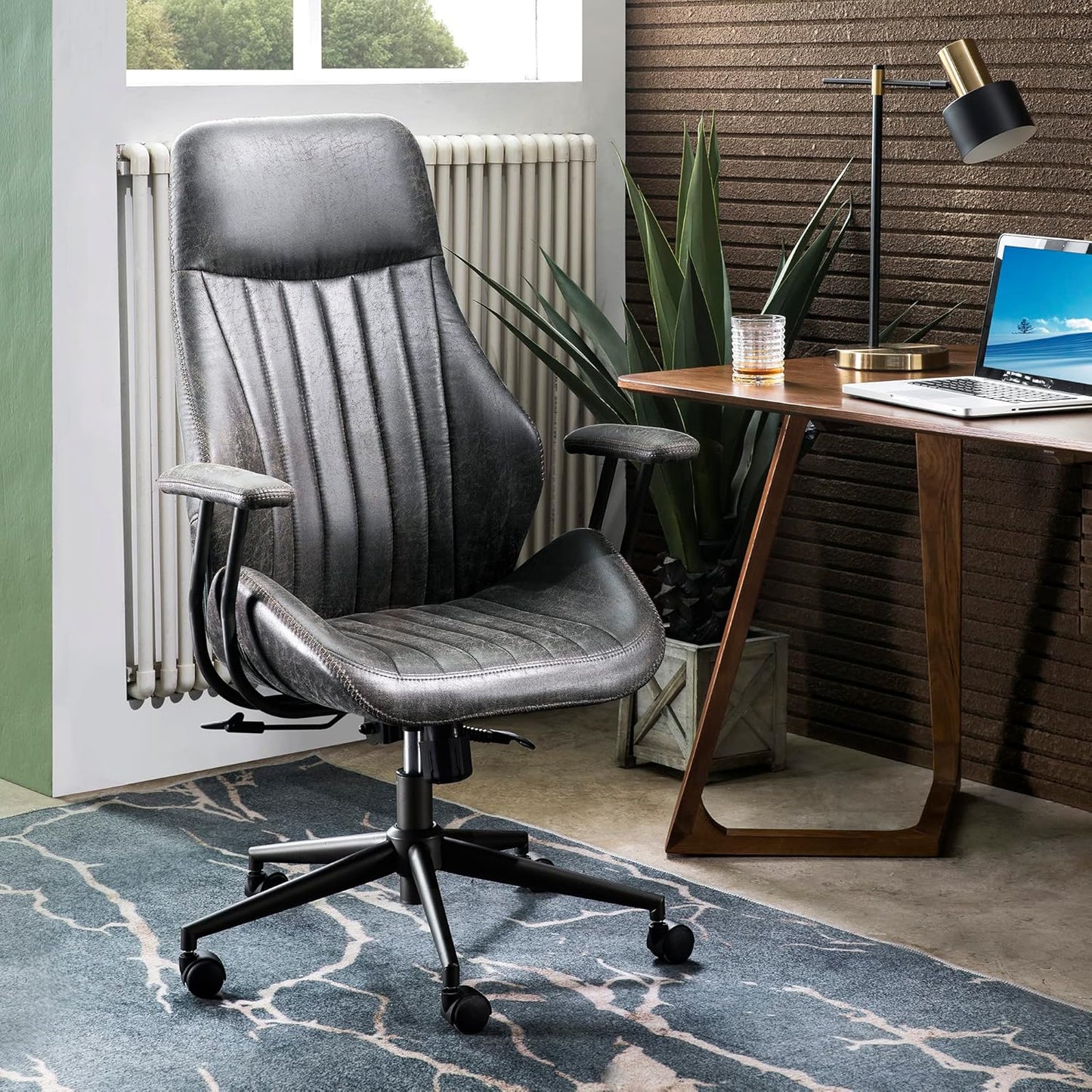 ovios Ergonomic Home Office Chair, Mid-Century Modern Faux Leather Chairs with Padded Armrests, Comfy High Back Swivel Rolling Executive Computer Armchair (Dark Grey, Suede Leather)