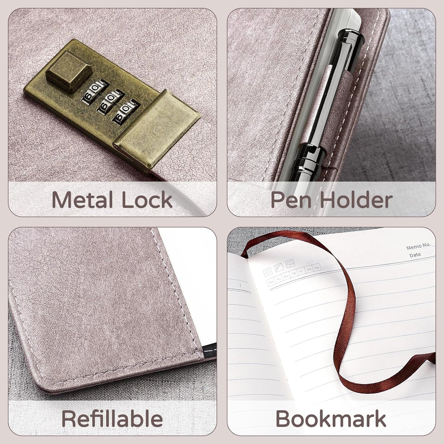 WEMATE Diary with Lock, A5 PU Leather Journal with Lock 240 Pages, Vintage Locks Journal Password Notebook with Pen, Locks Diary Planner Organizer for Men and Women, 8.6x5.8in Pink