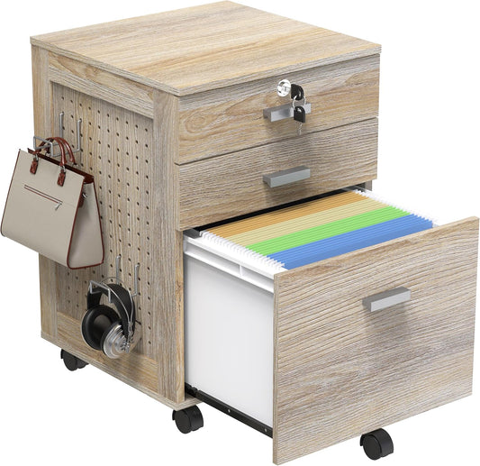 SHW Box Box File Rolling Mobile Cabinet with Side Pegboard and One Lockable Drawer, Maple