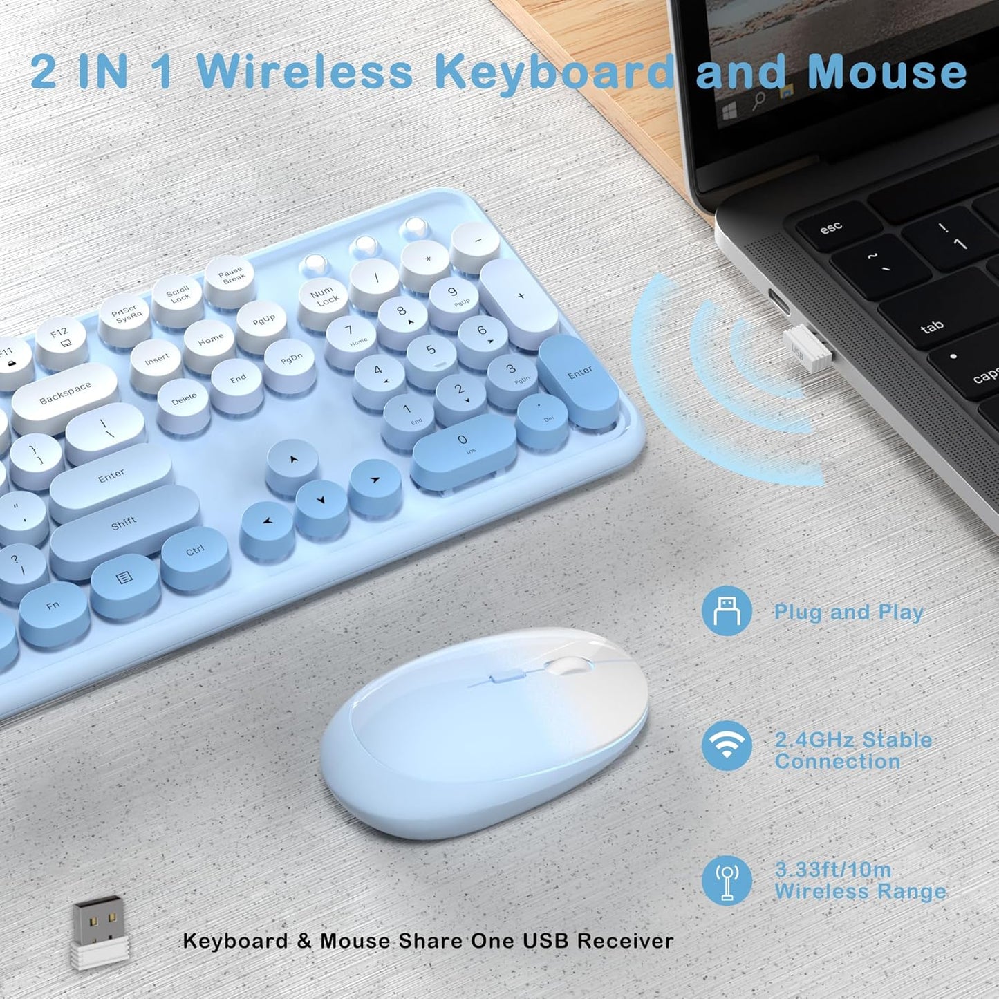 Colorful Wireless Keyboard and Mouse Combo, COVEVA 2.4GHz Wireless Retro Cute Round Keycaps Keyboard, 104 Keys Full-Sized Keyboard Mouse Set with Switch Button for PC Laptop Desktop (Blue Gradient)