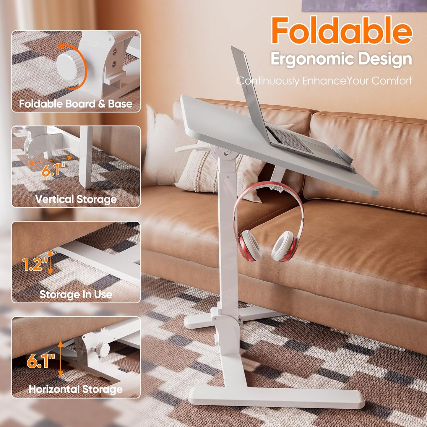 Monomi Mobile Folding Desk 25 Inch, Small Sit-Stand Height Adjustable Rolling Laptop Desk, Space-Saving Portable Desk with Wheels for Home Office Craft & Study, White