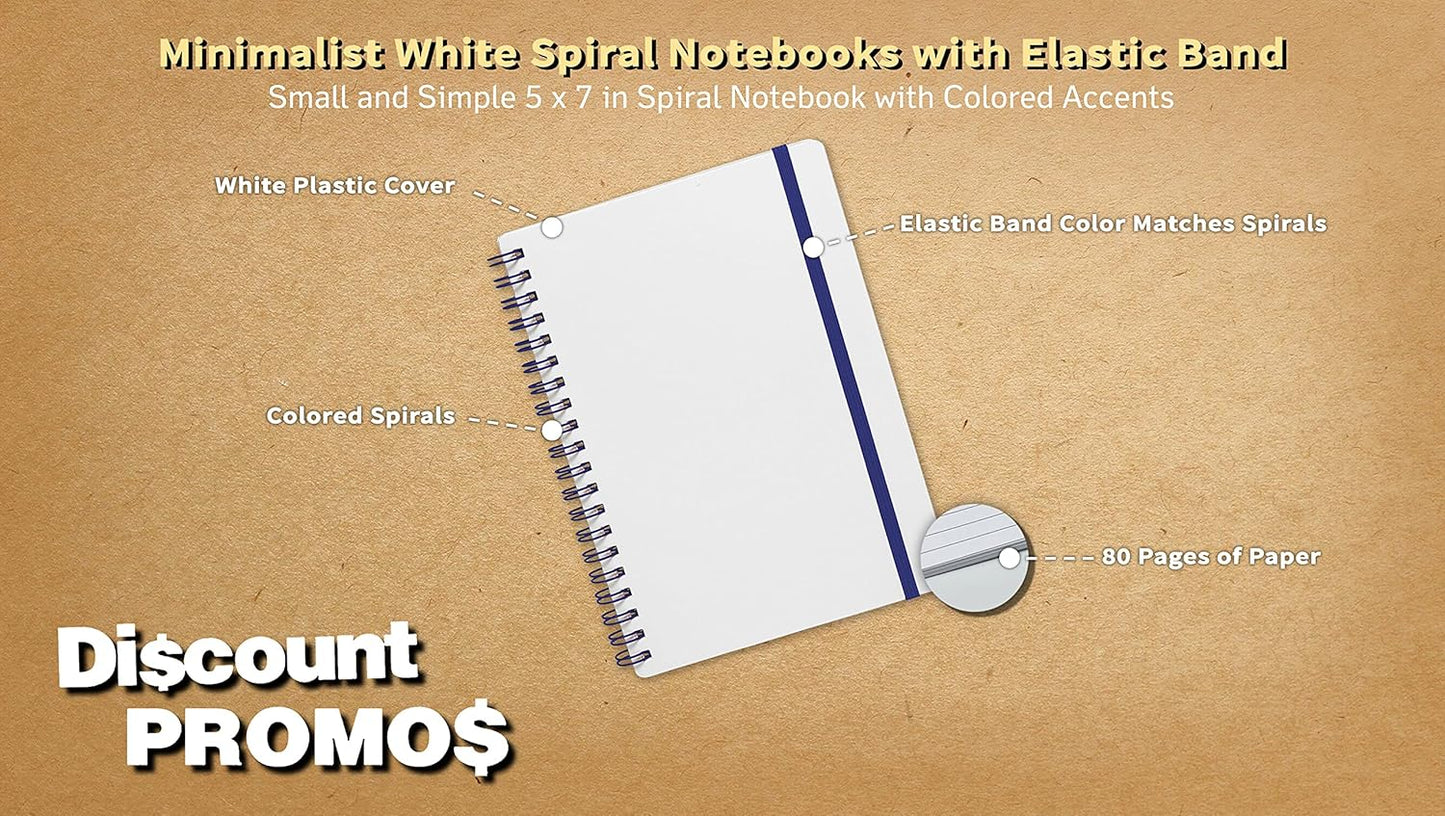 10 White Spiral Notebooks with Elastic Band Pack - 80 lined pages, Recycled - Blue