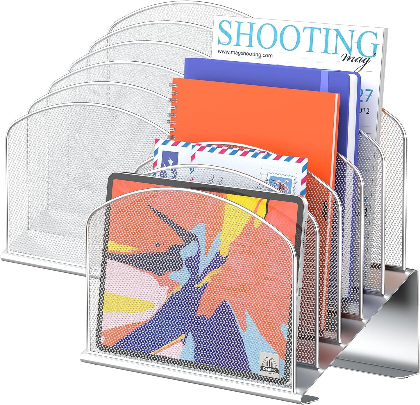 Inclined Desk File Organizer, 5-Section Vertical File Folder Holder Stand Metal Rack File Sorter for Office Classroom Desktop Organization (Silver, 2Pack)